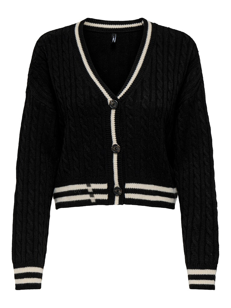 ONLY Varsity Long Sleeve V-Neck Knit Cardigan Black front view