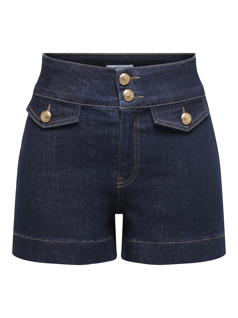 Front view of women's dark blue high waist denim shorts