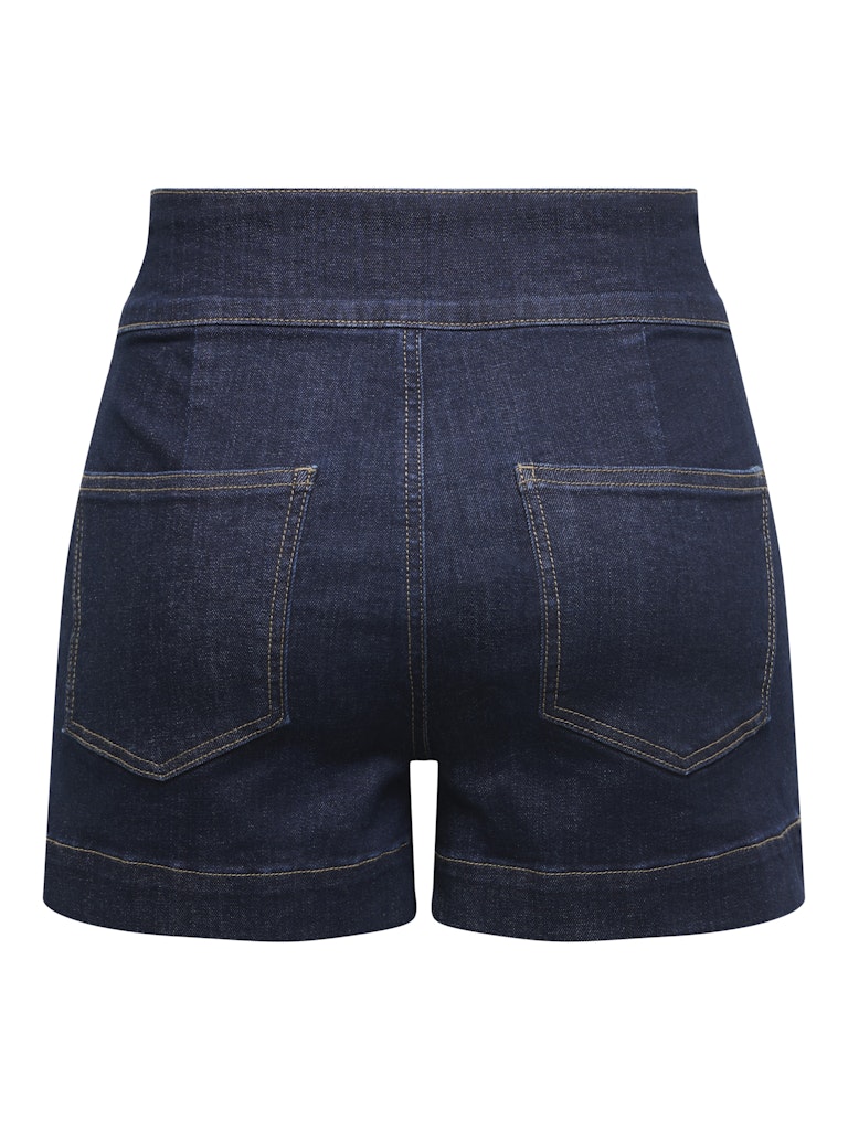 Back view of Emilia gold button denim shorts