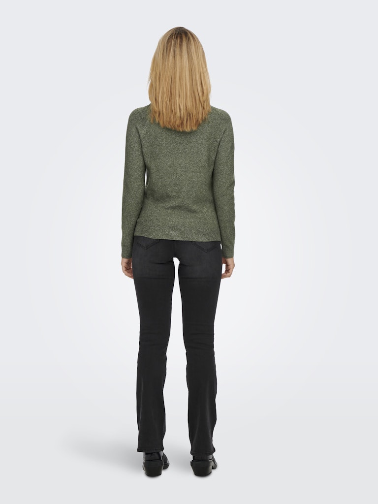 Person wearing a green sweater and black pants on a white background