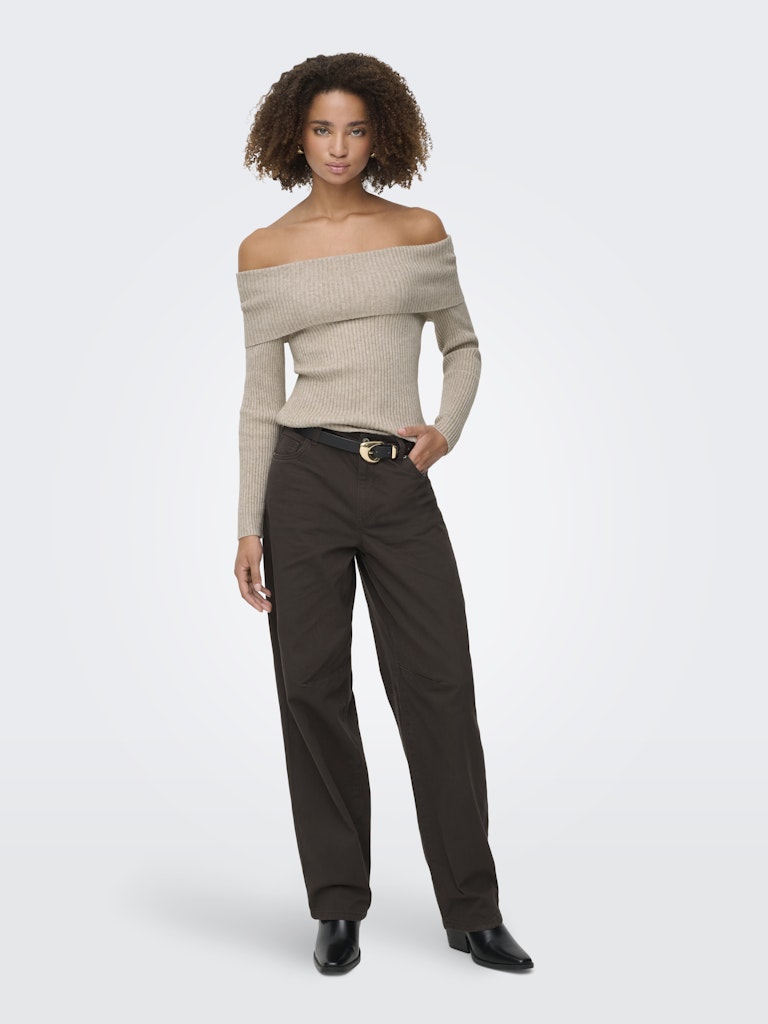 Ladies Katia Life Long Sleeve Off Shoulder Knit - Mocha Meringue Melange-Model Full Front View