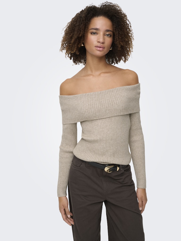 Ladies Katia Life Long Sleeve Off Shoulder Knit - Mocha Meringue Melange-Model Showing Front View