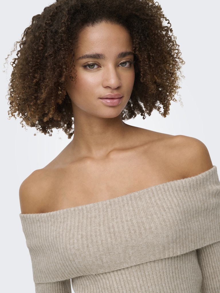 Ladies Katia Life Long Sleeve Off Shoulder Knit - Mocha Meringue Melange-Closer View of the Front