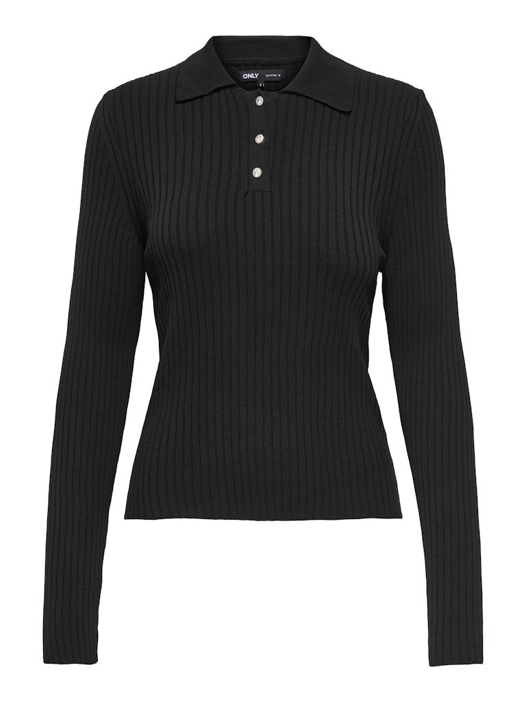 ONLY Elisa Long Sleeve Rib Polo Knit - Black BLACK back view