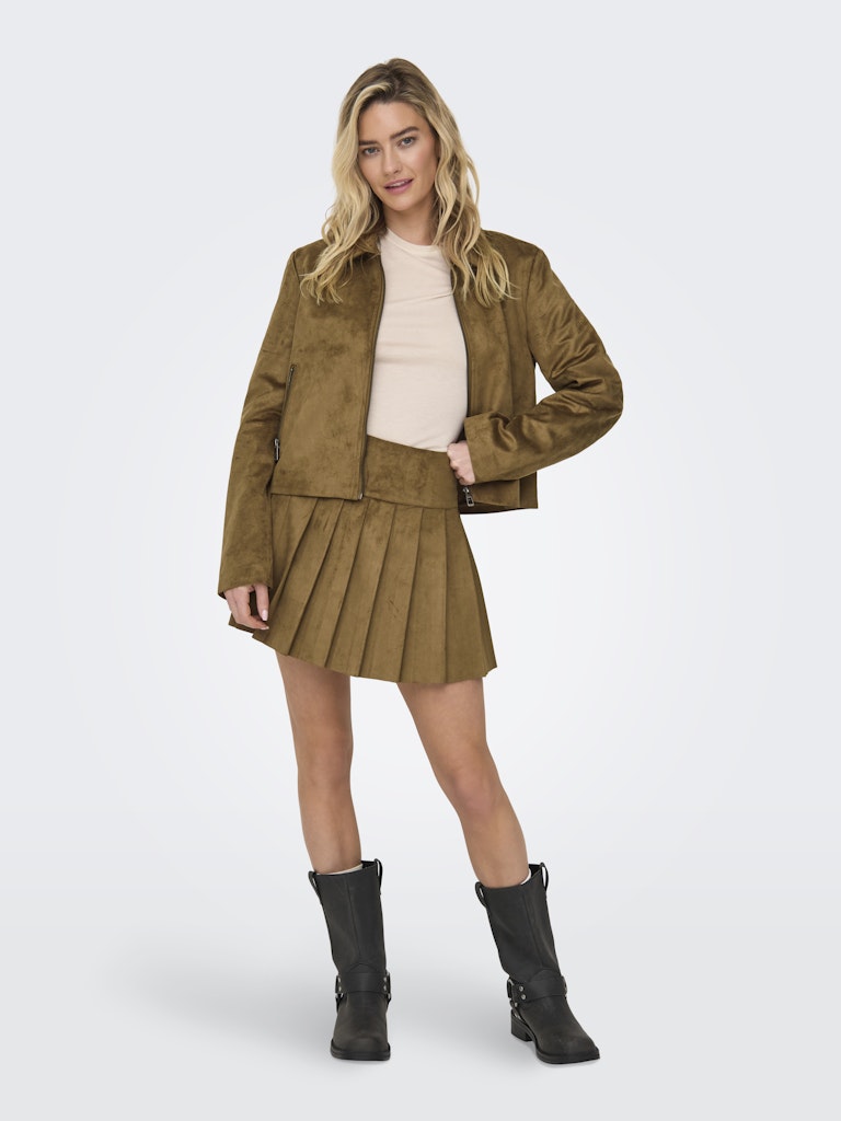 Ladies Tulip Faux Suede Pleat Skirt-Model Full Front View