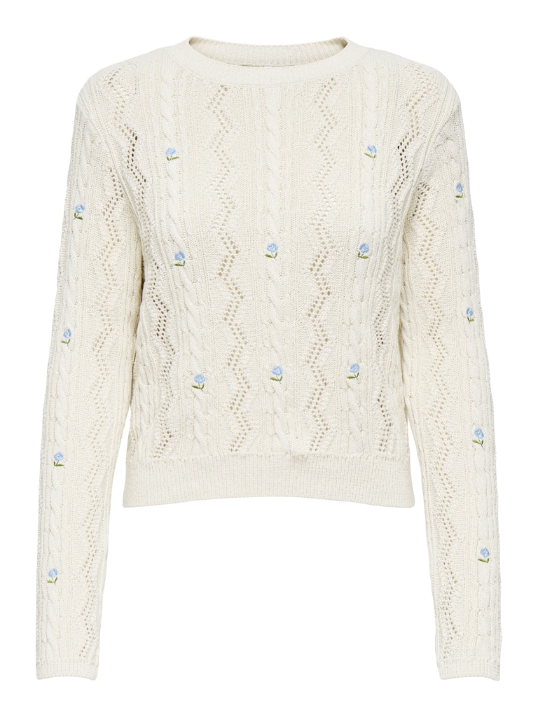 ONLY Rita Life Long Sleeve Cable Knit - Ecru Cashmere / Blue Flower Ecru Cashmere Blue Flower model front view