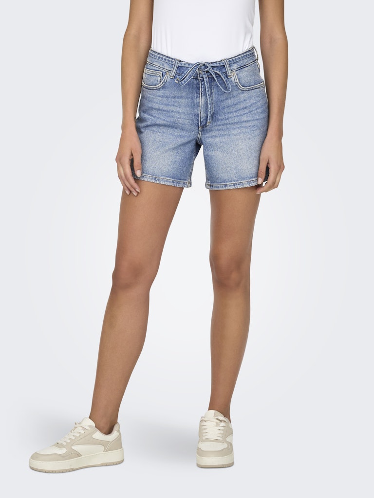 Ladies Gianna Mid Waist Belted Denim Shorts-Light Blue Denim-Front View