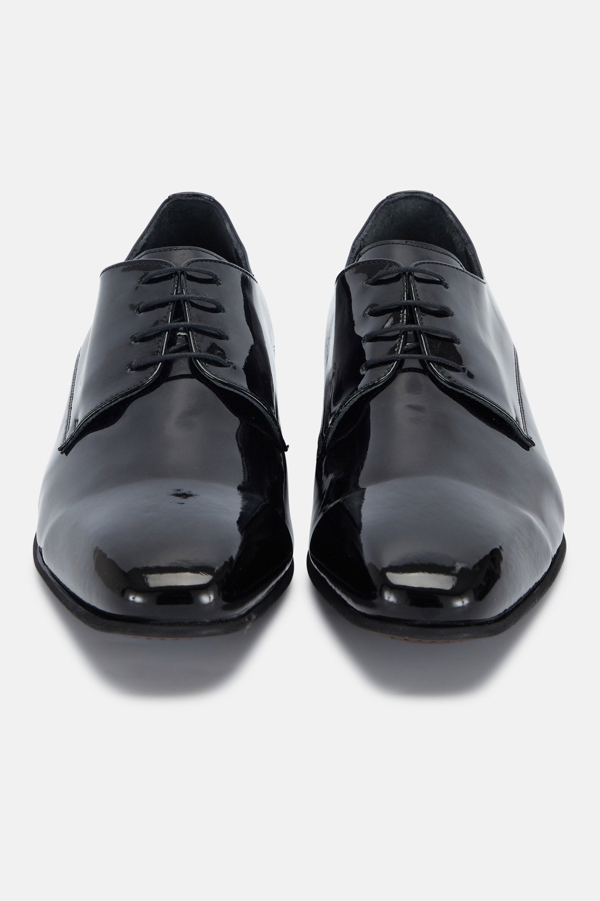 Front view of the David black patent tuxedo shoe by Benetti