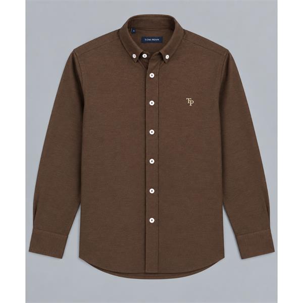 Tom Penn Brown Oxford long-sleeve shirt laid flat showing the button-down collar and chest logo