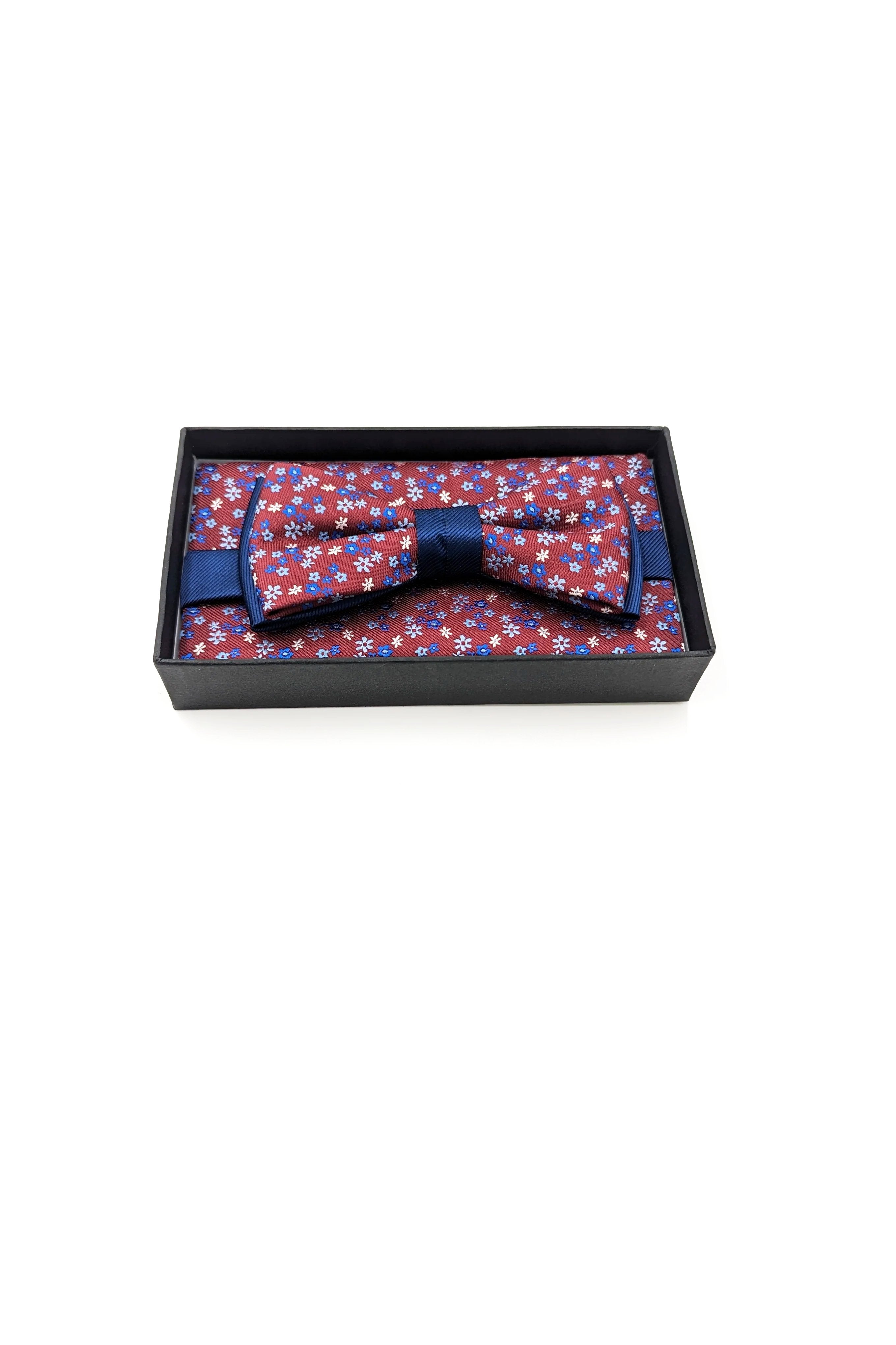 Zazzi Floral Mens Bow and Pocket Square Set Wine/Navy model front view