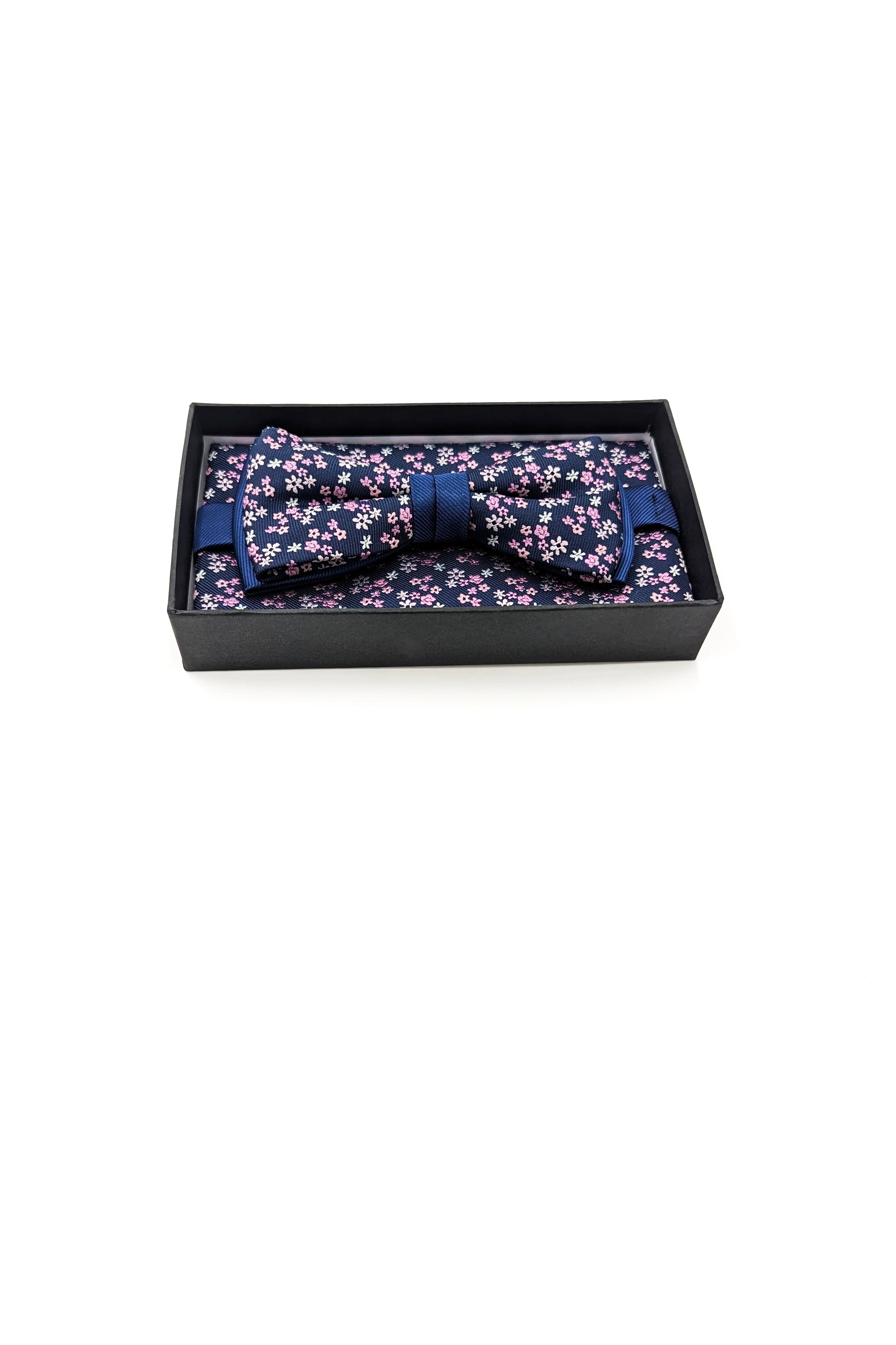 Navy Pink Floral Mens Bow and Pocket Square Set