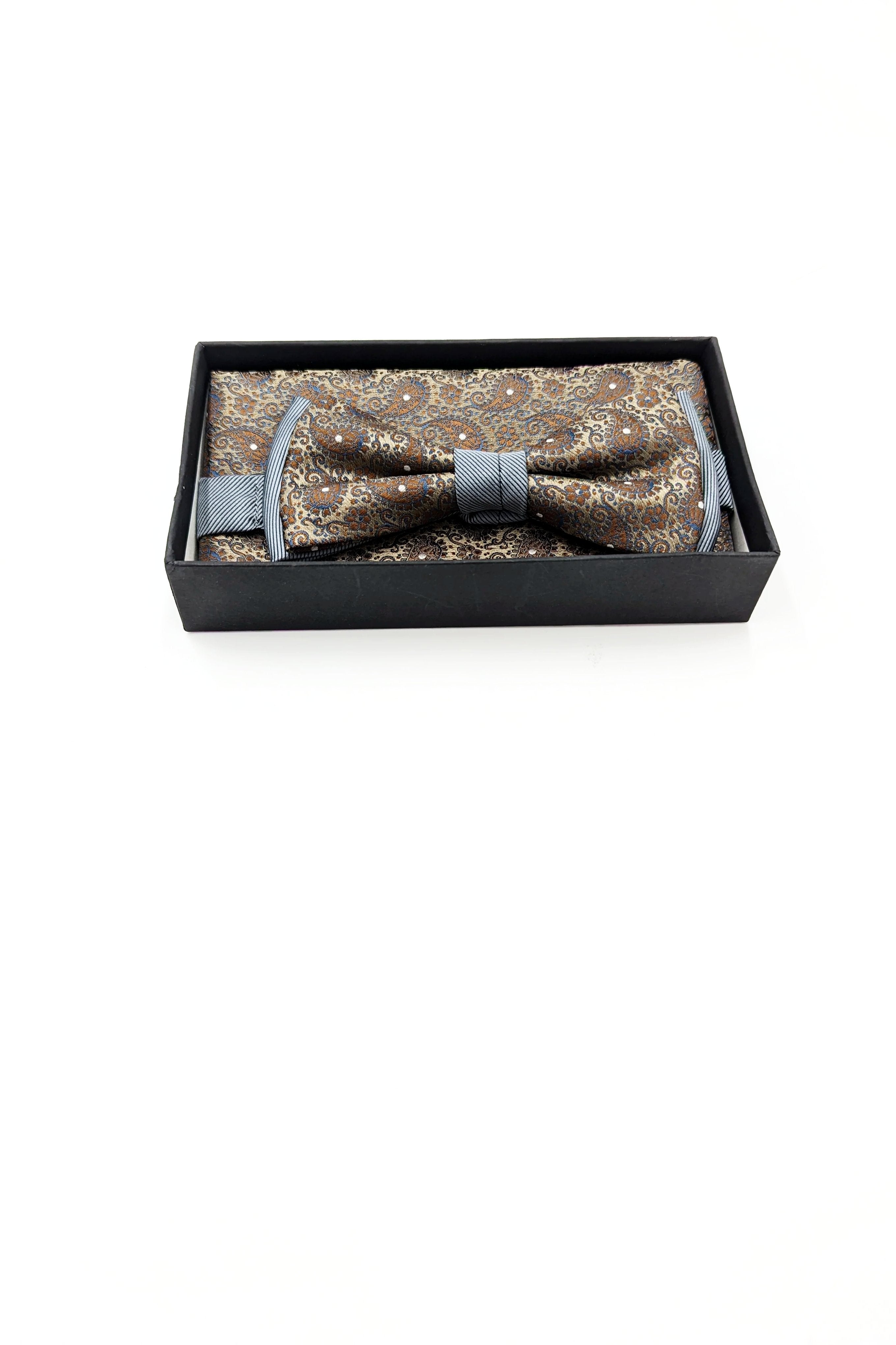Zazzi Floral Mens Bow and Pocket Square Set Gold/Rust detail view
