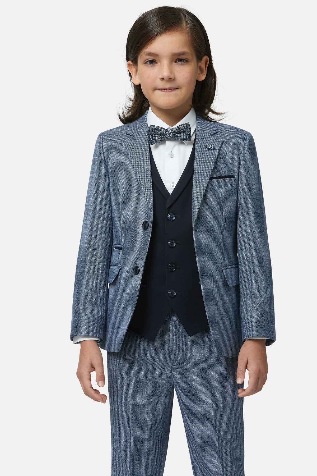 Boys Prague Blue Check 3 Piece Suit-Close up
