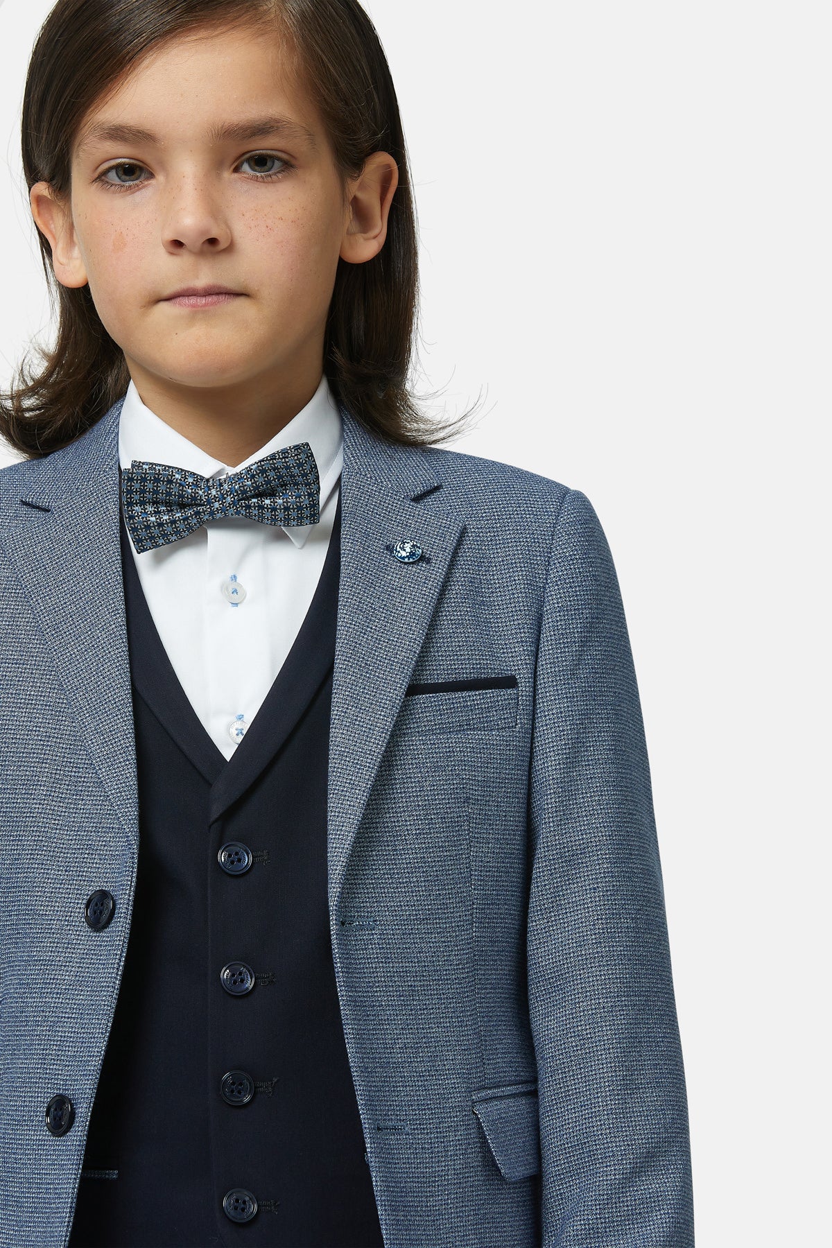 Boys Prague Blue Check 3 Piece Suit-Lapel view