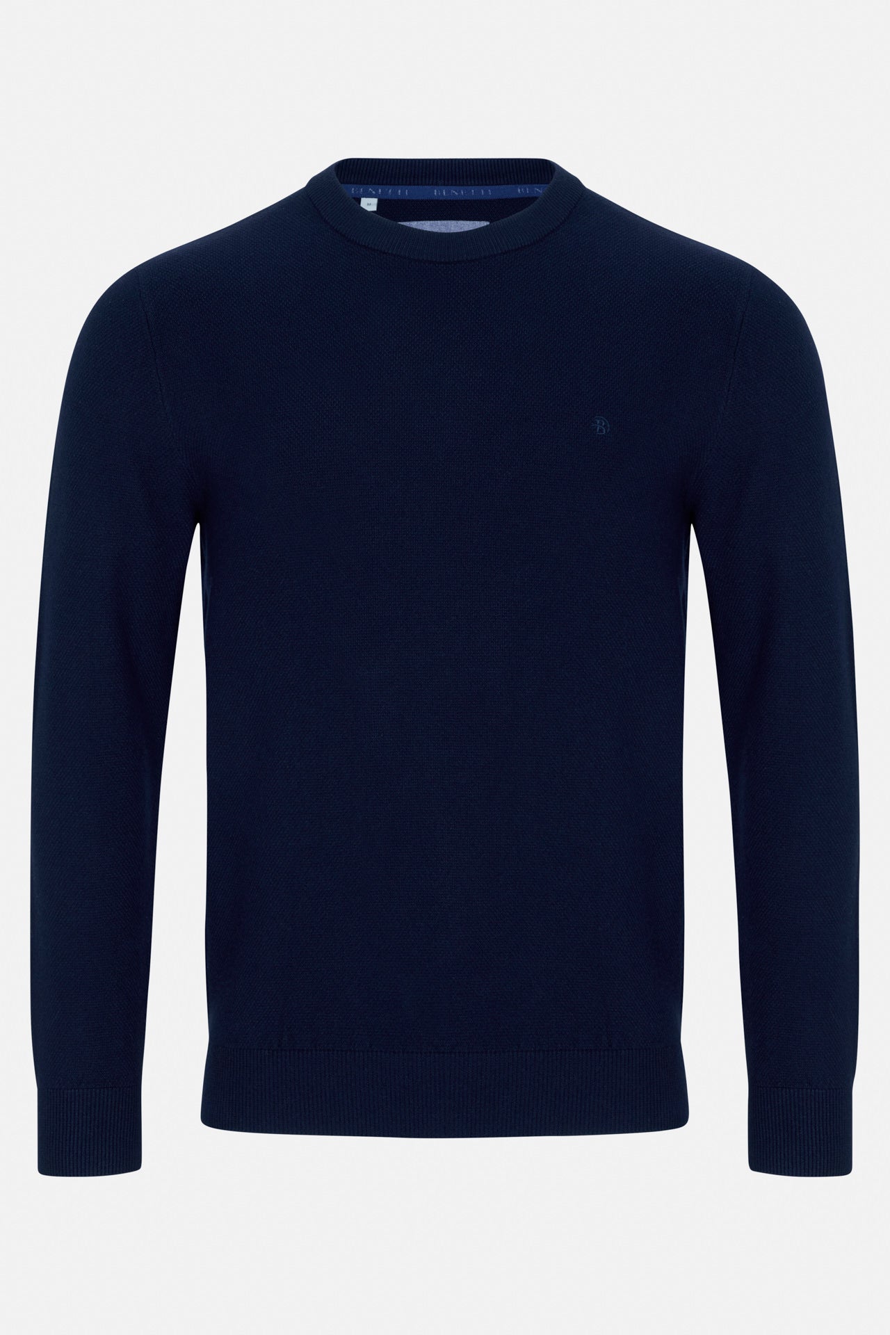 Benetti Quinn Navy O Neck Knit, front view, long-sleeve crew-neck knit with subtle chest logo.