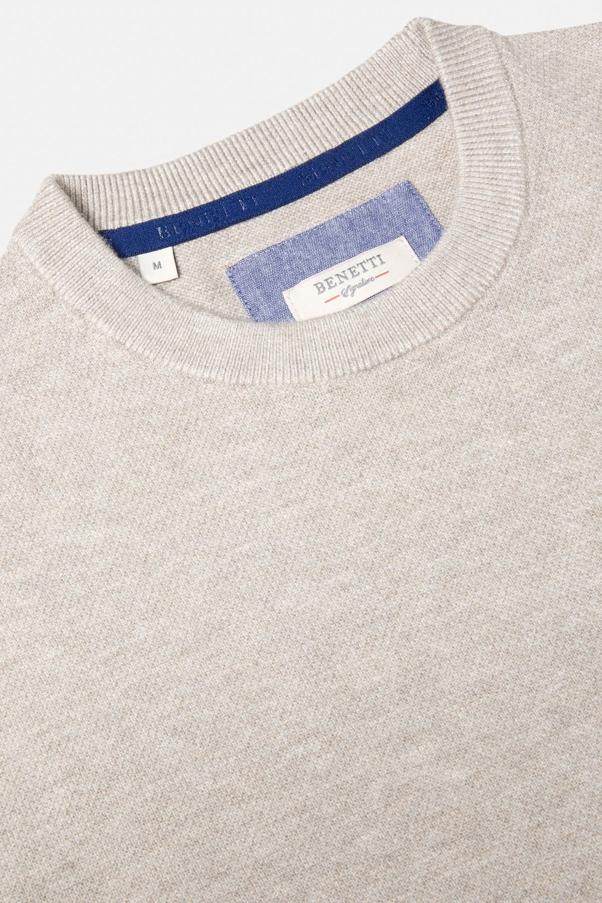 Benetti Quinn Stone O Neck Knit close-up of crew neck with inside label and ribbed collar detail