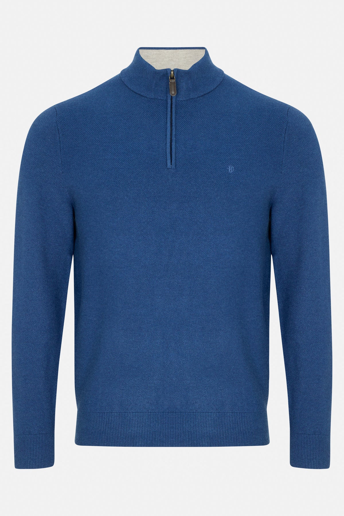 Benetti Quinn Indigo 1/4 Zip knit sweater, front view, with quarter-zip collar and long sleeves.