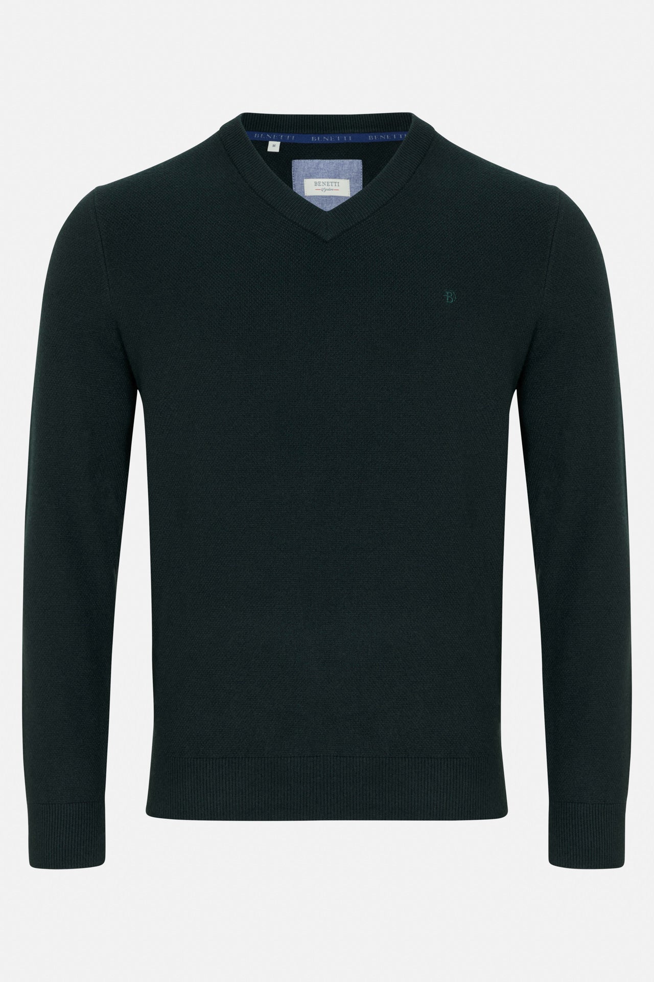 Benetti Quinn Forset V Neck Knit in FOREST, front view, with ribbed trim and subtle chest logo detail.