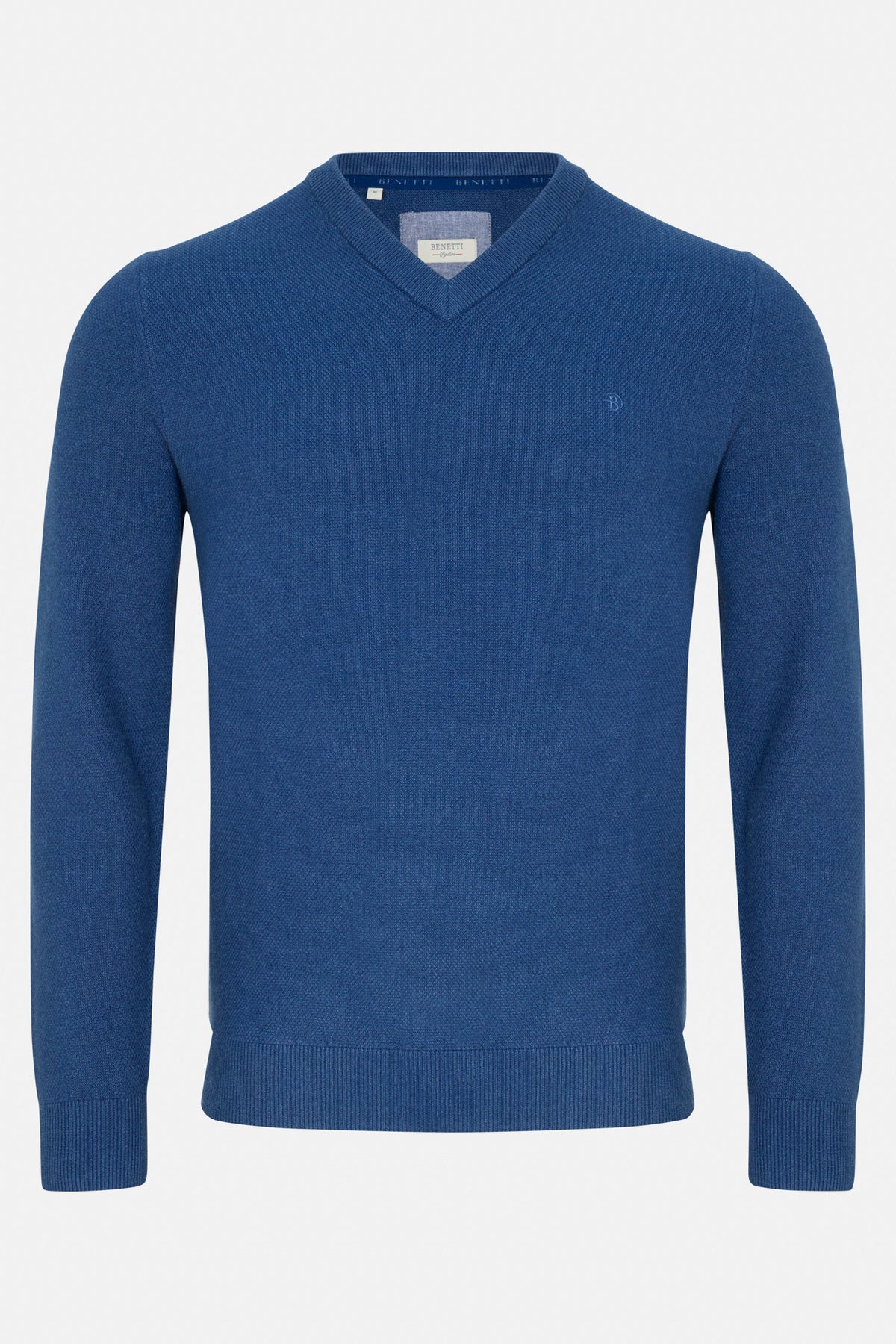Benetti Quinn INDIGO V-neck knit sweater with ribbed trim and long sleeves, front view