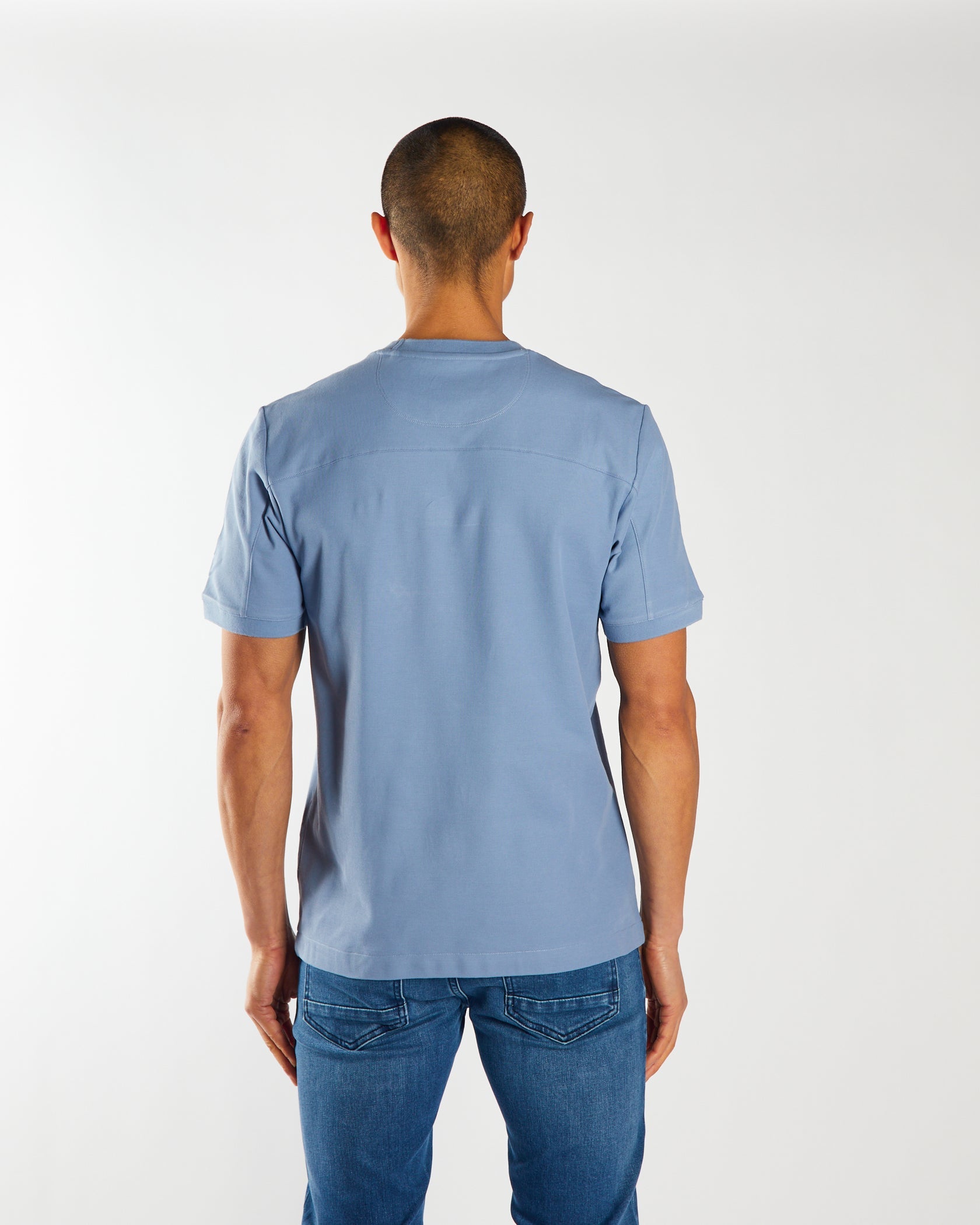 Men's Richard Cielo Blue Tee-Model Back View