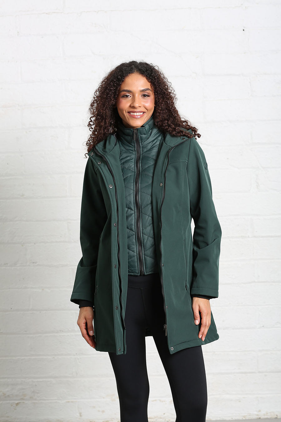Rant & Rave Relax & Renew Elsie coat in forest, full front model view worn open.
