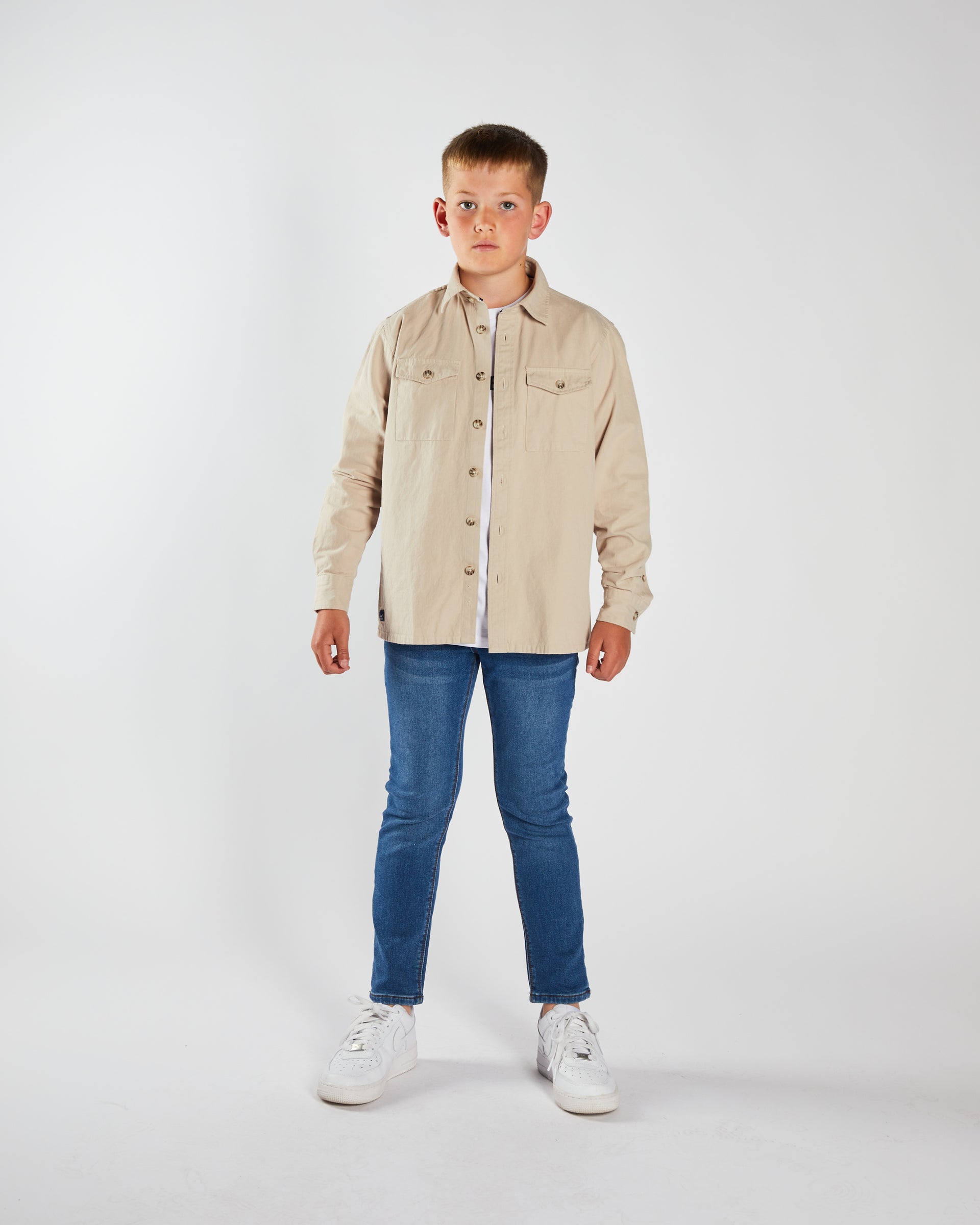 Boy's Rowan Sand Overshirt-Model Full Front View