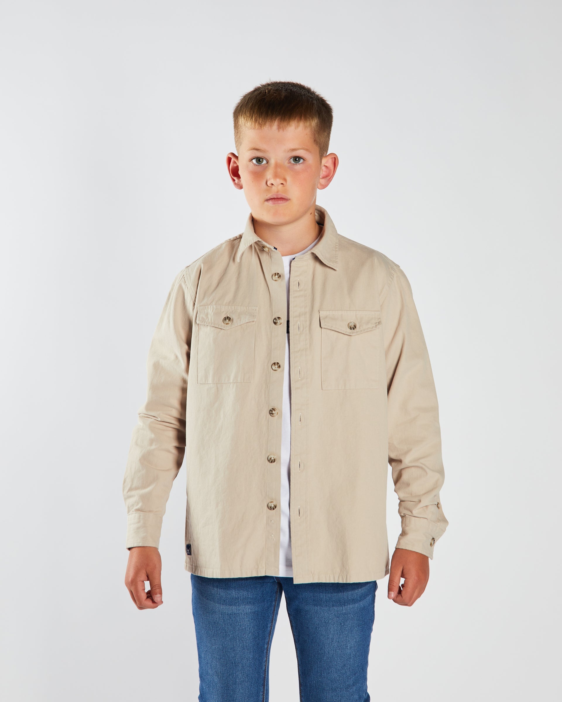 Boy's Rowan Sand Overshirt-Model Front View