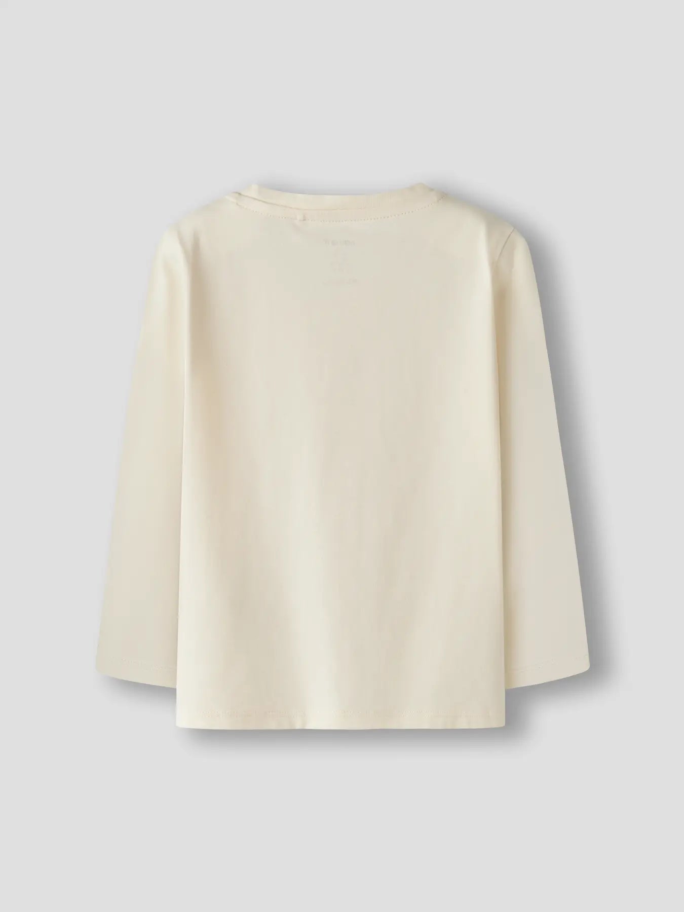 A cream-colored long-sleeve t-shirt shown from the back, photographed against a neutral light gray background.