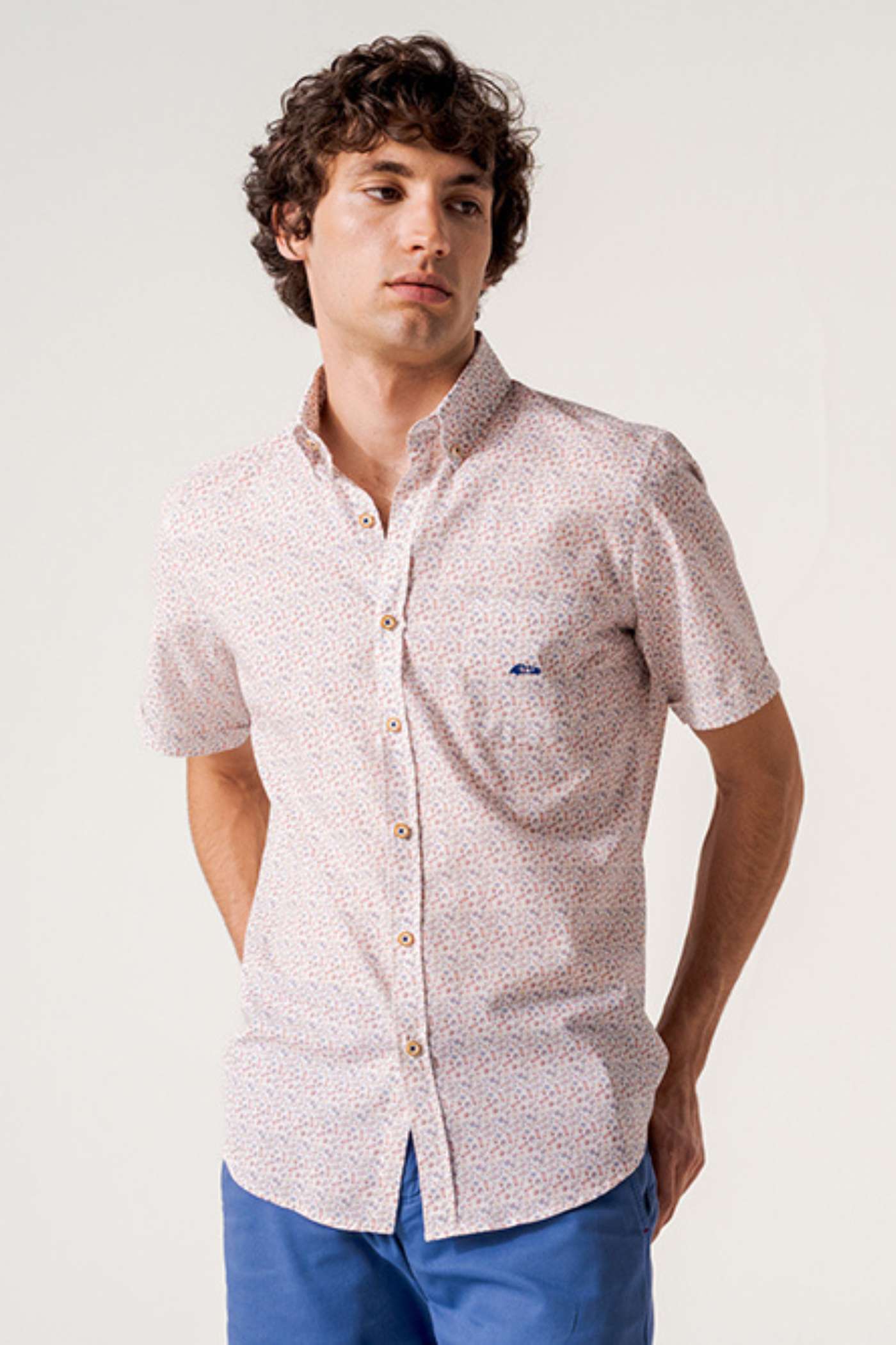 Devanos Short Sleeve White/Burnt Orange Pattern Shirt