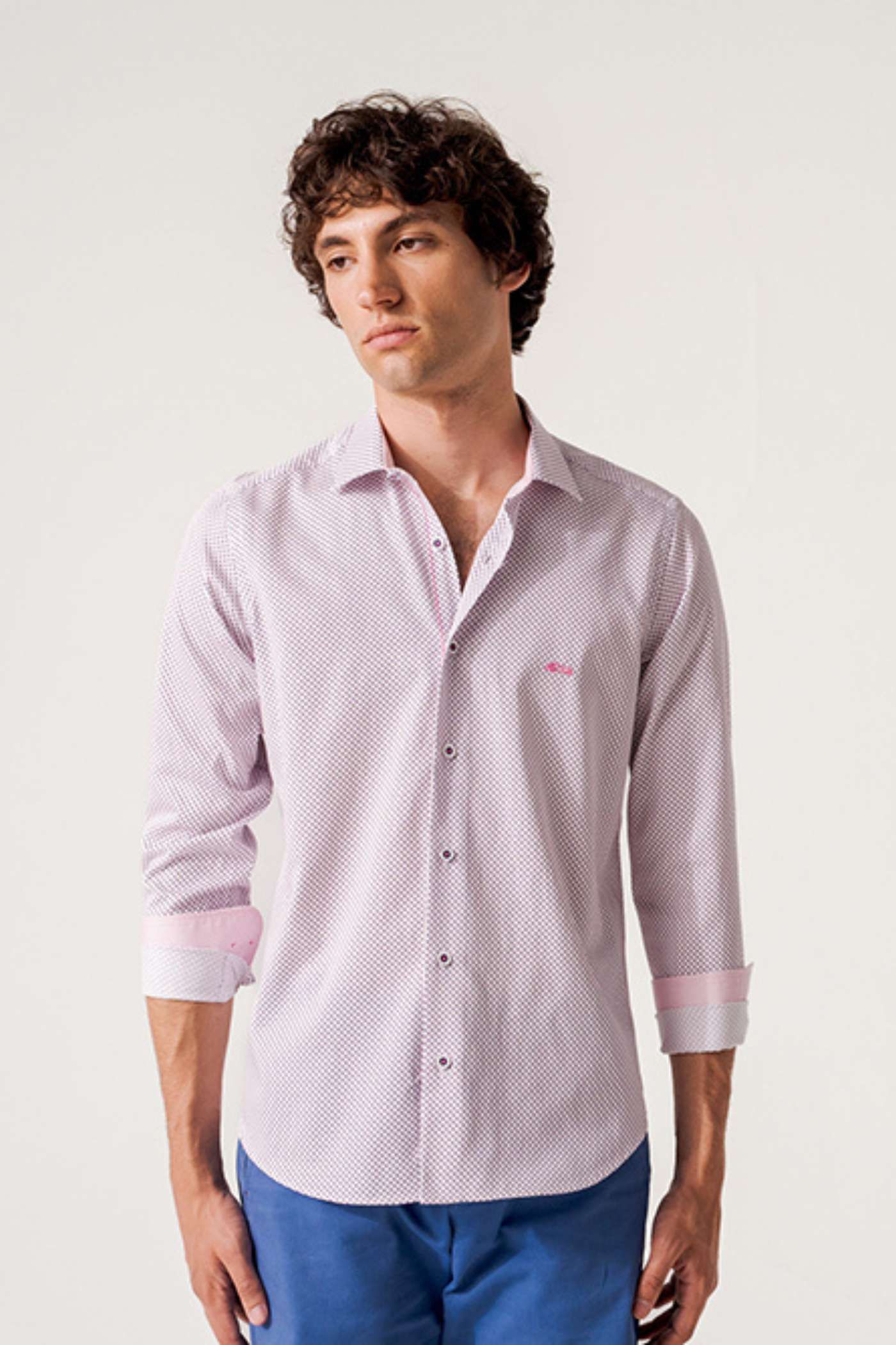 Men's Agulo Pink /  Navy Triangle Print Shirt-Front View