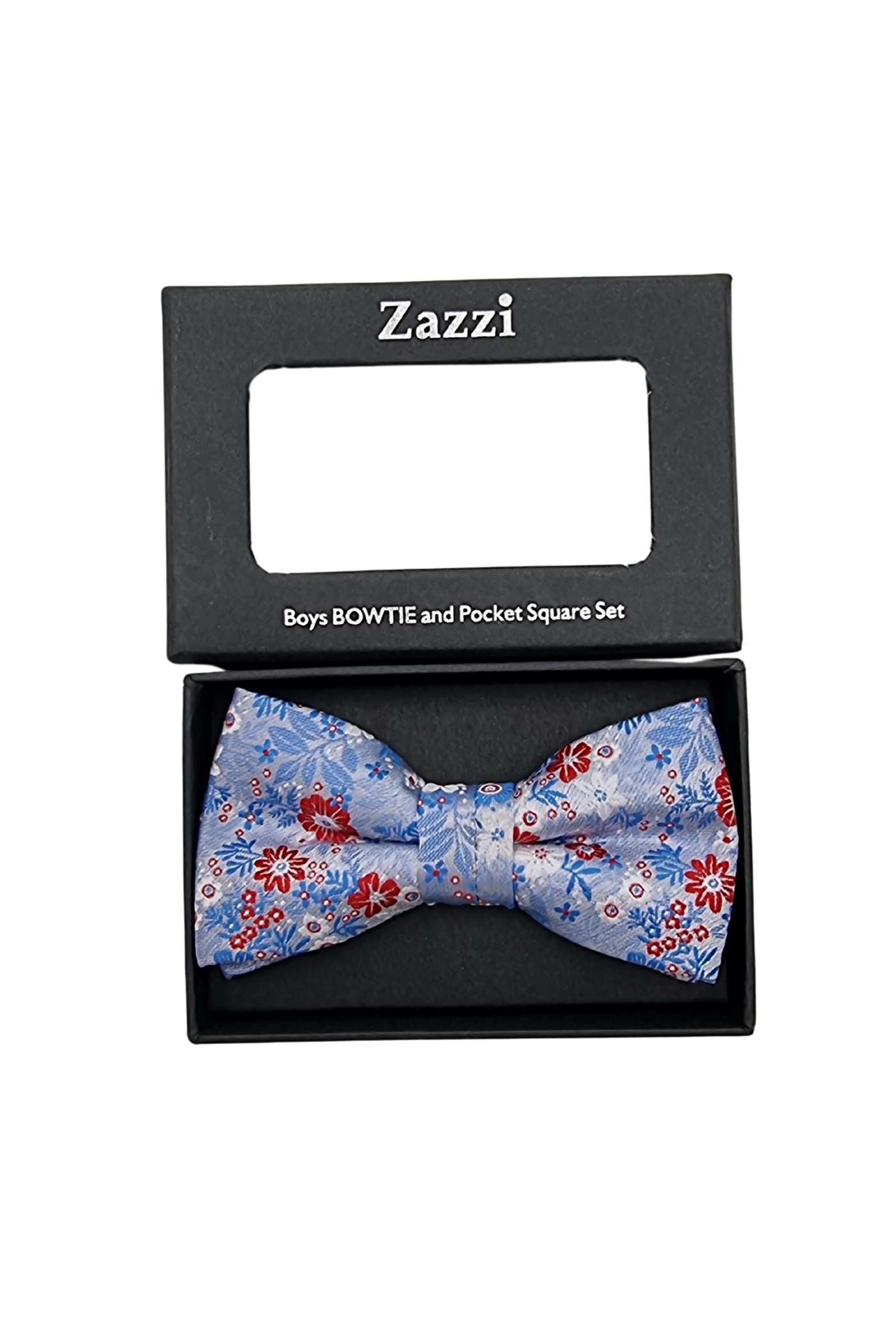 Zazzi Boyswear Floral Zazzi Boys Bow & Pocket Square Set-Sky Blue/Red Sky Blue/Red front view