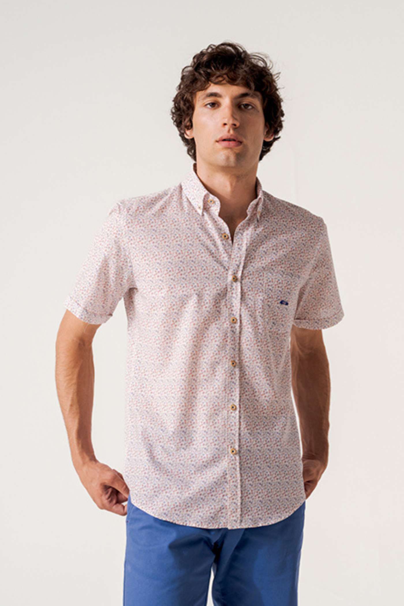 Devanos Short Sleeve White/Burnt Orange Pattern Shirt-Front view