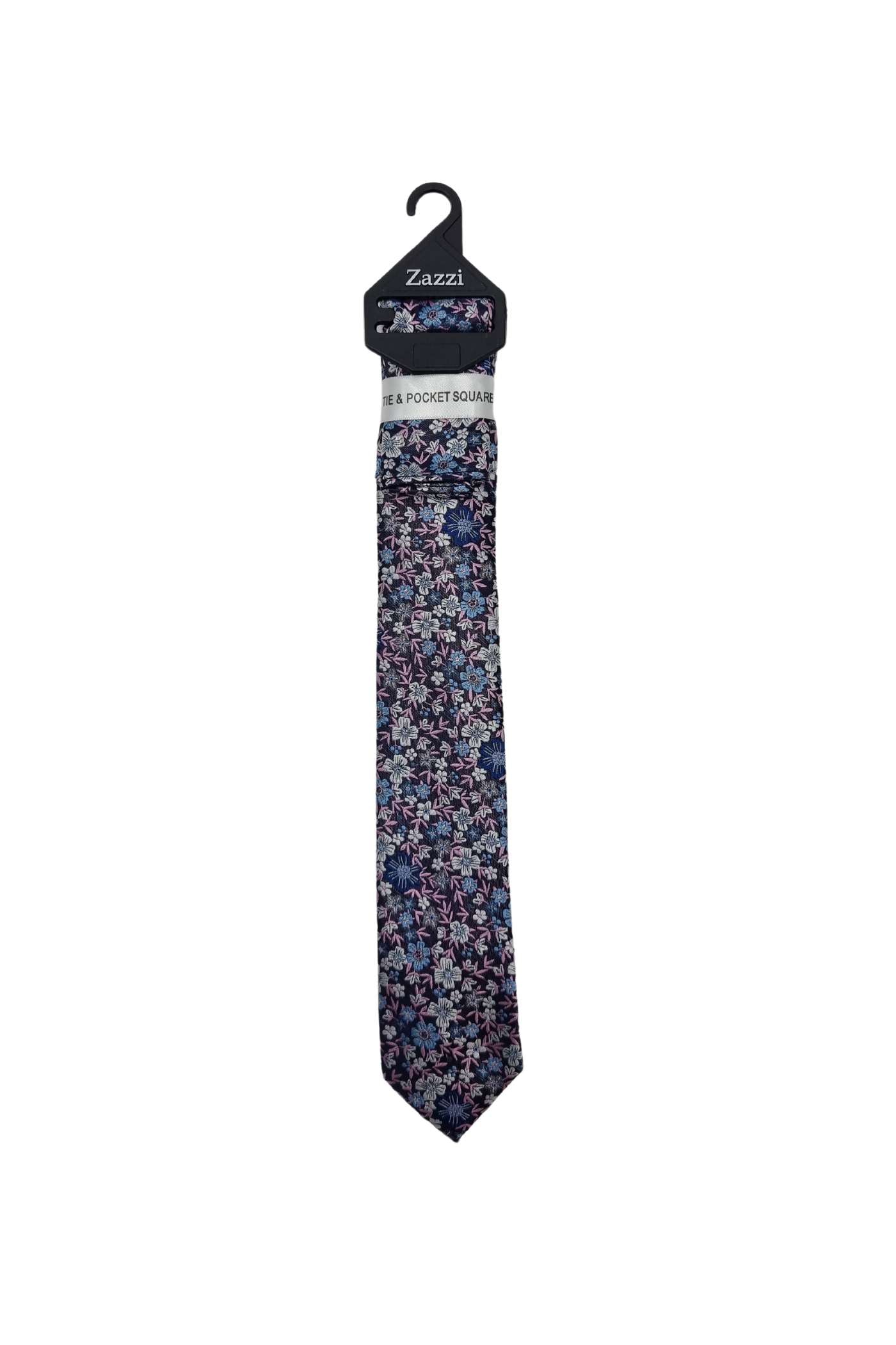 Zazzi Boyswear Kid Boys Floral Tie & Pocket Square Set-Navy/Pink/Silver Navy/Pink/Silver front view