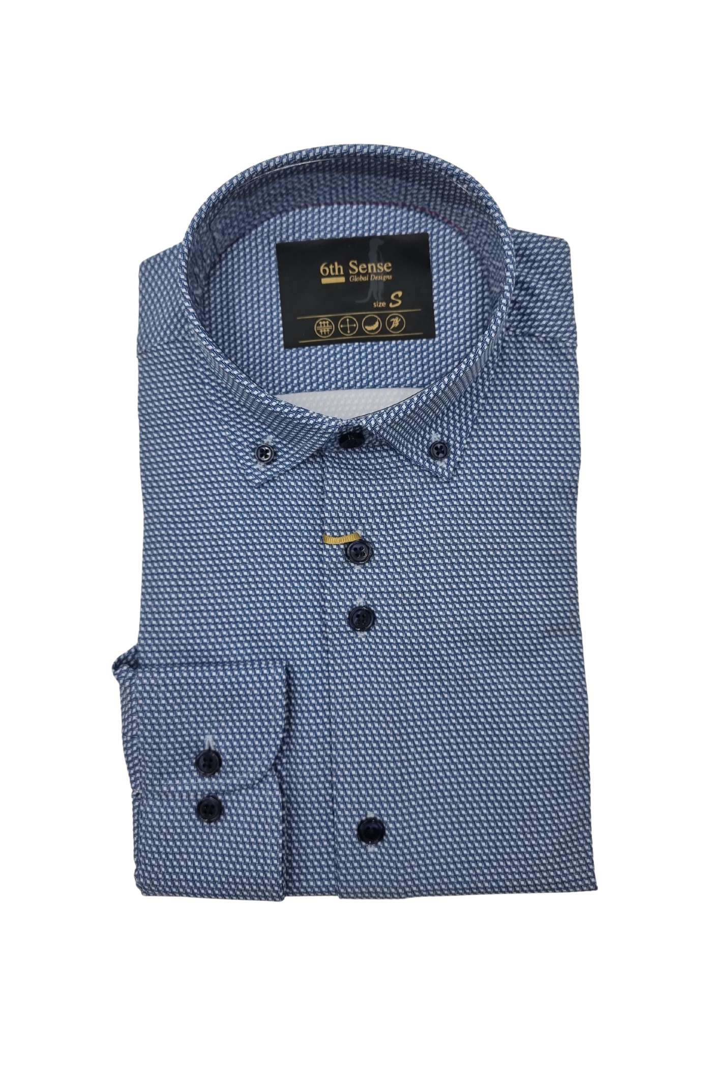 Men's Perform 9 Long Sleeve White / Navy Square Pattern Shirt-Front View