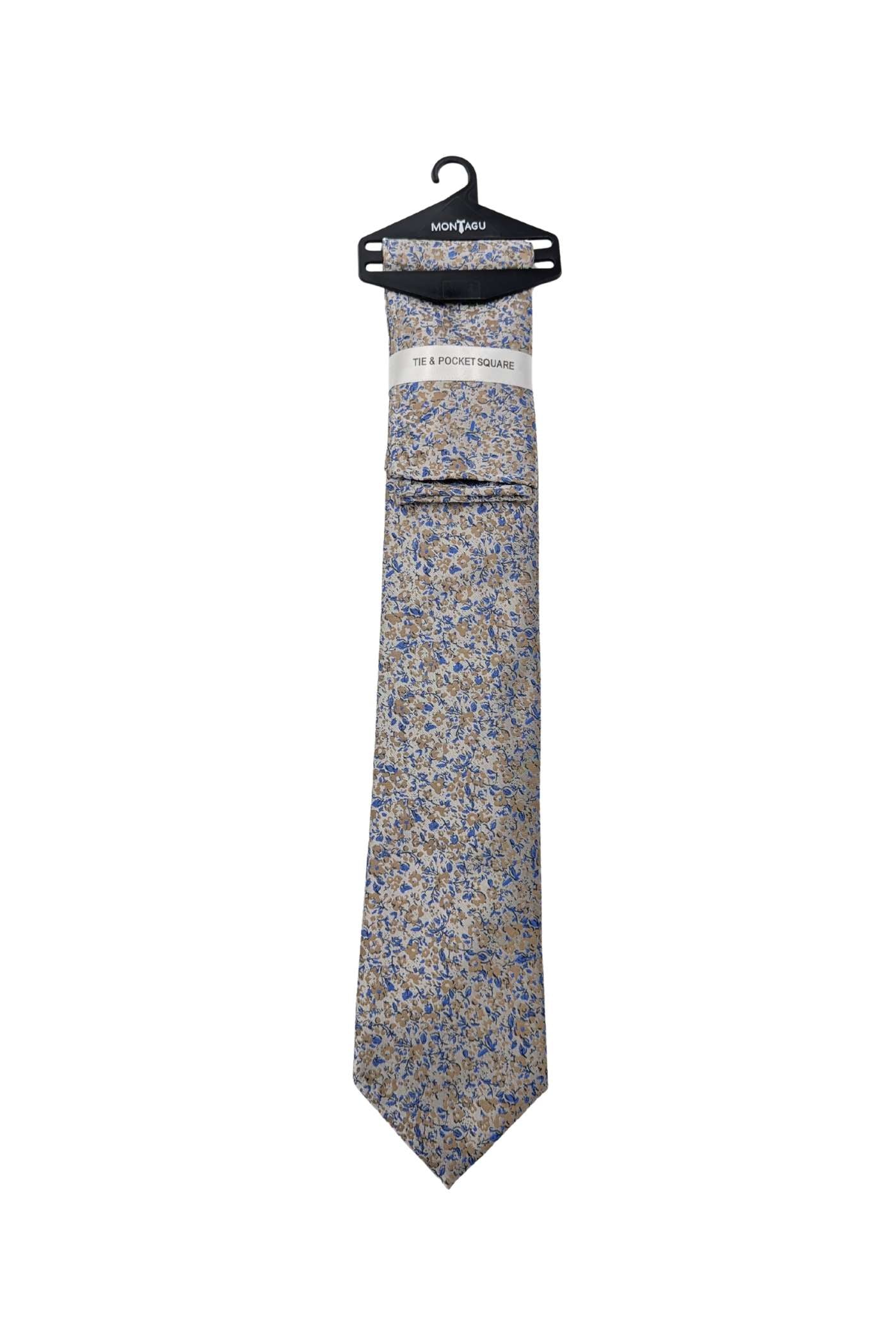 Zazzi Floral Tie & Pocket Square - Blue/Gold Blue/Gold front view