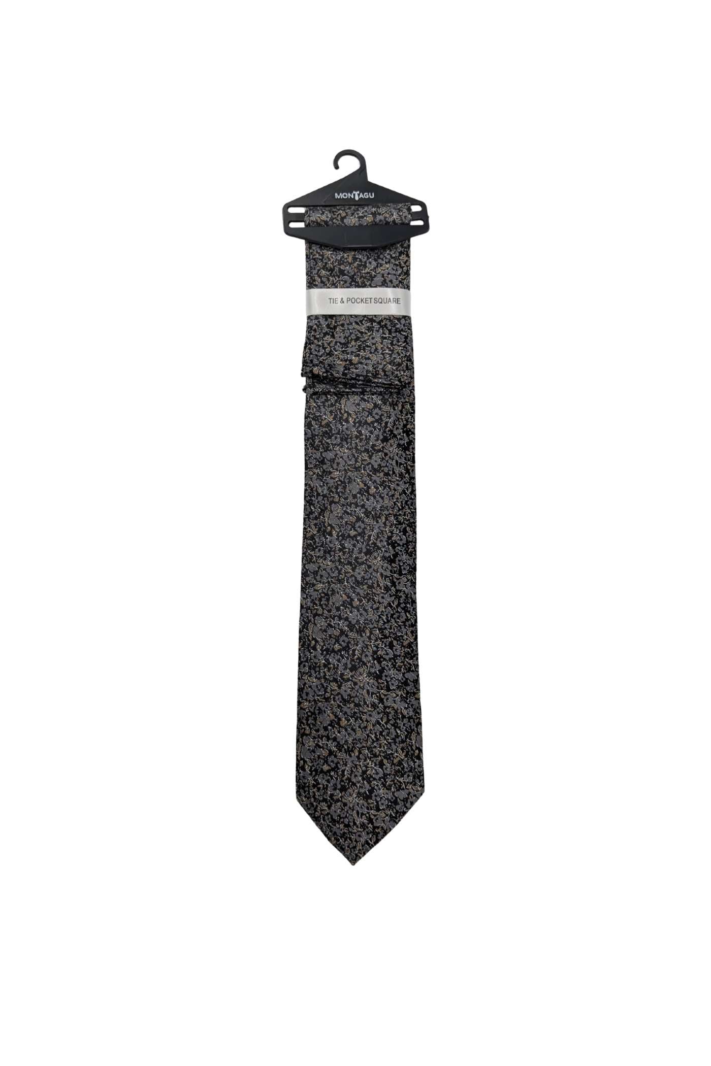 Zazzi Floral Tie & Pocket Square - Black/Gold Black/Gold front view
