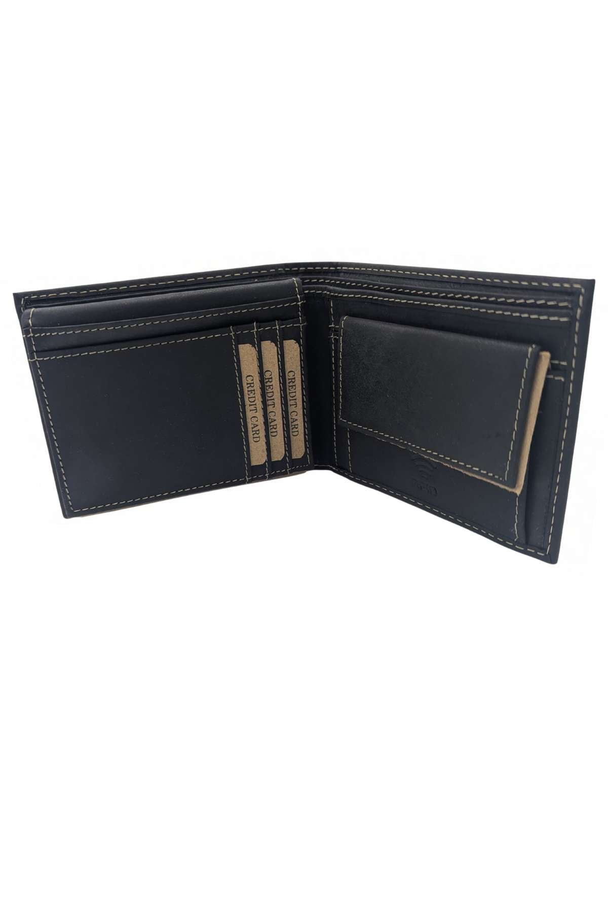 Black leather wallet with stitching detail on a white background