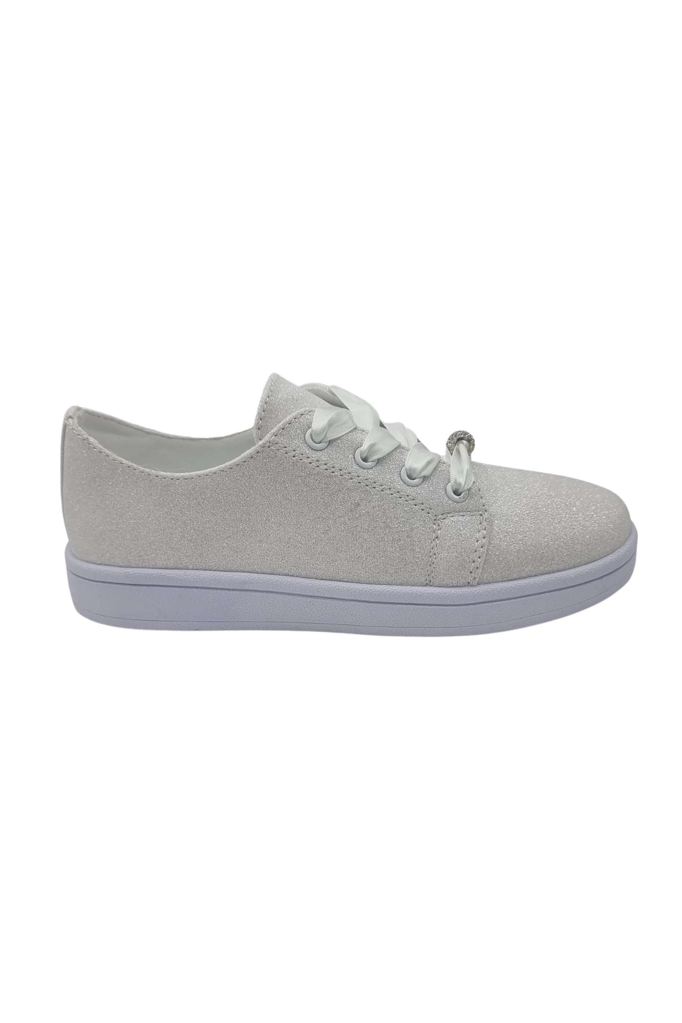 Full side view of Valerie white glitter trainer