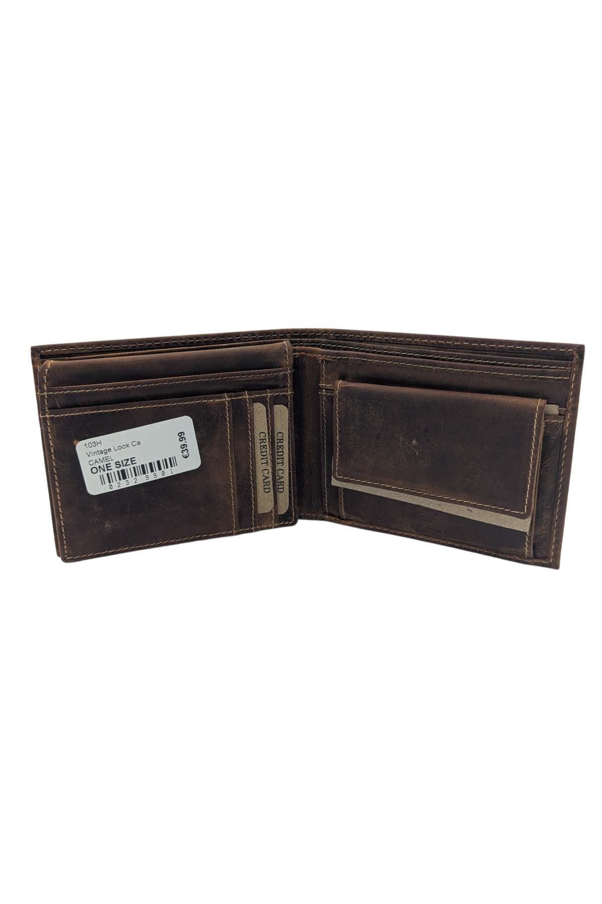 Brown leather wallet with card slots on a white background