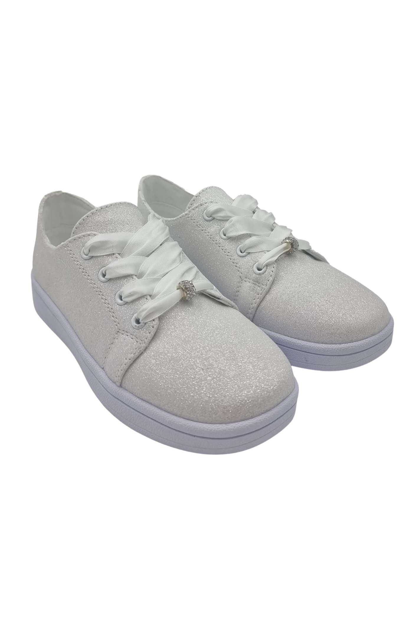 Front view of Valerie white glitter trainer for girls