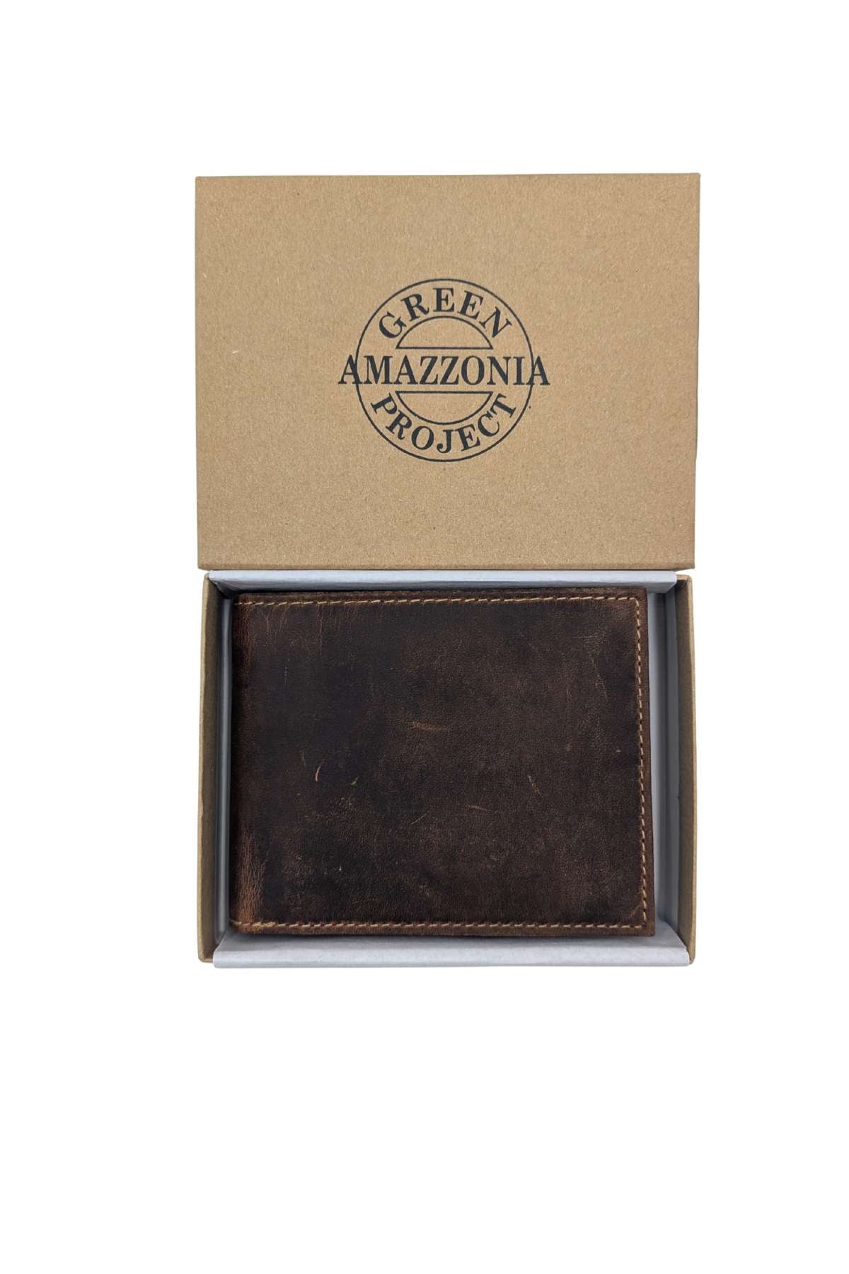 Brown leather wallet in a box with 'Green Amazzonia Project' branding on a white background