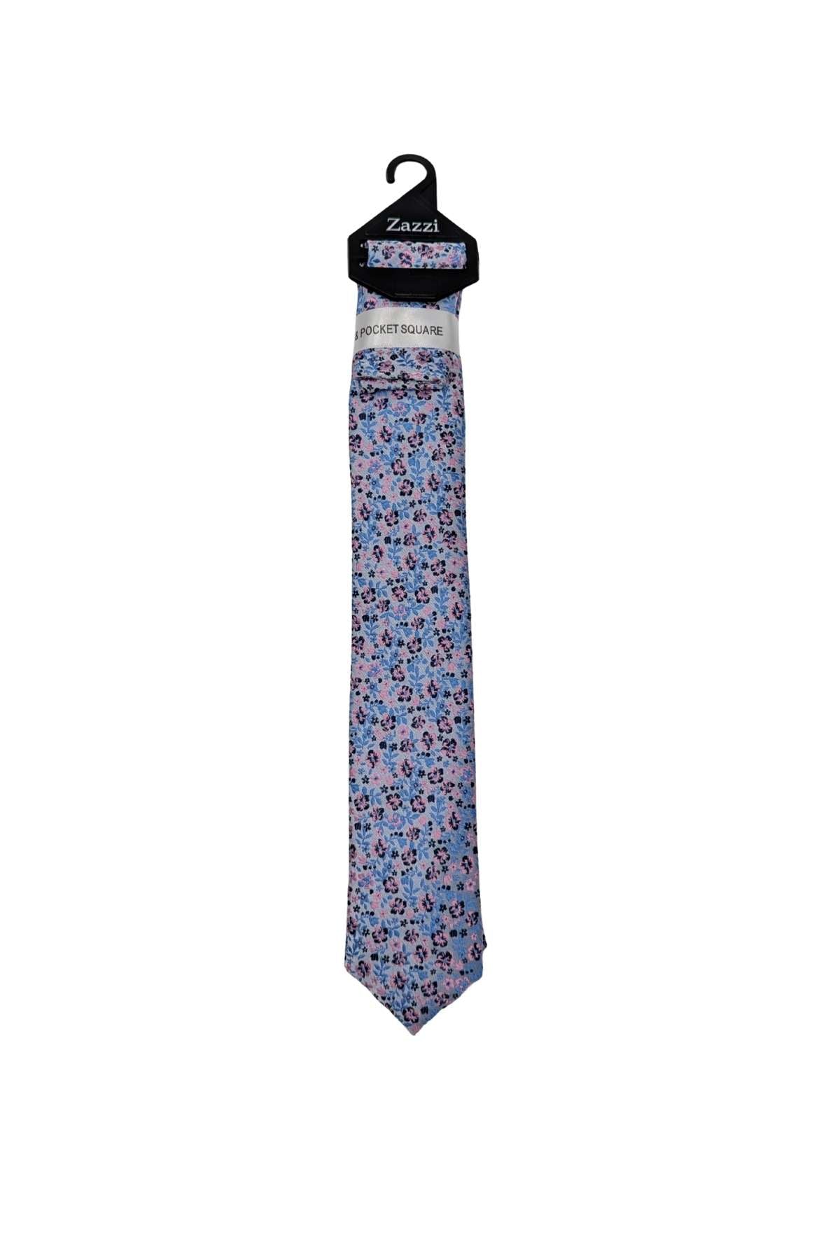 Zazzi Boyswear Boys Blue/Pink Floral Tie & Pocket Square Set Blue/Pink front view
