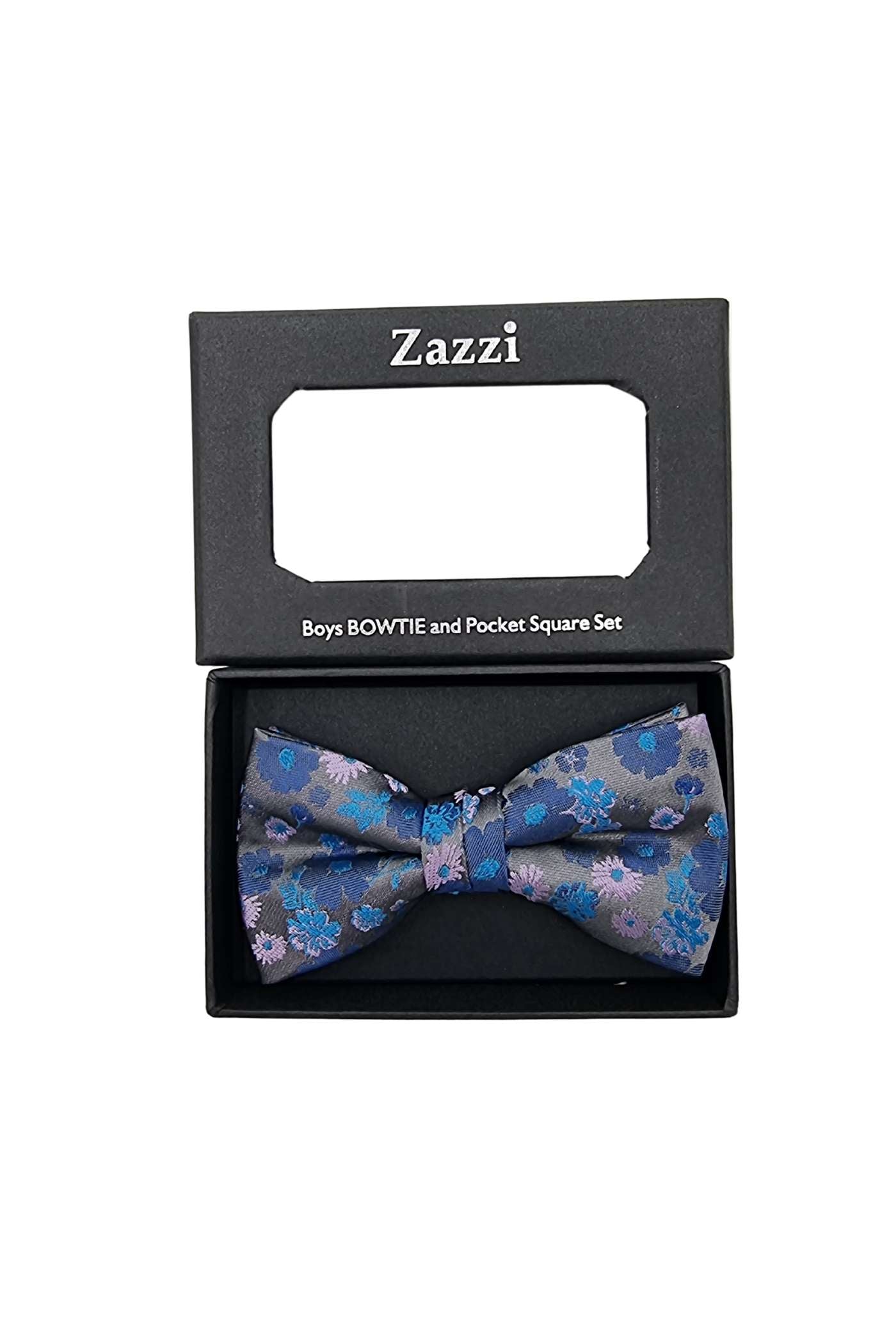 Boys steel and royal blue bow tie and pocket square set