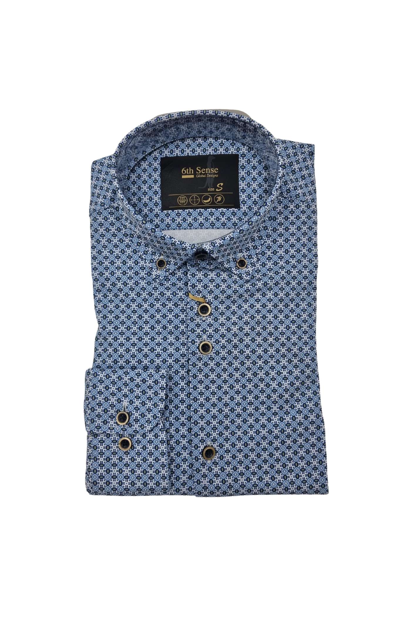 Men's Perform 5 Long Sleeve White/Blue/Sage Print Shirt-Front View