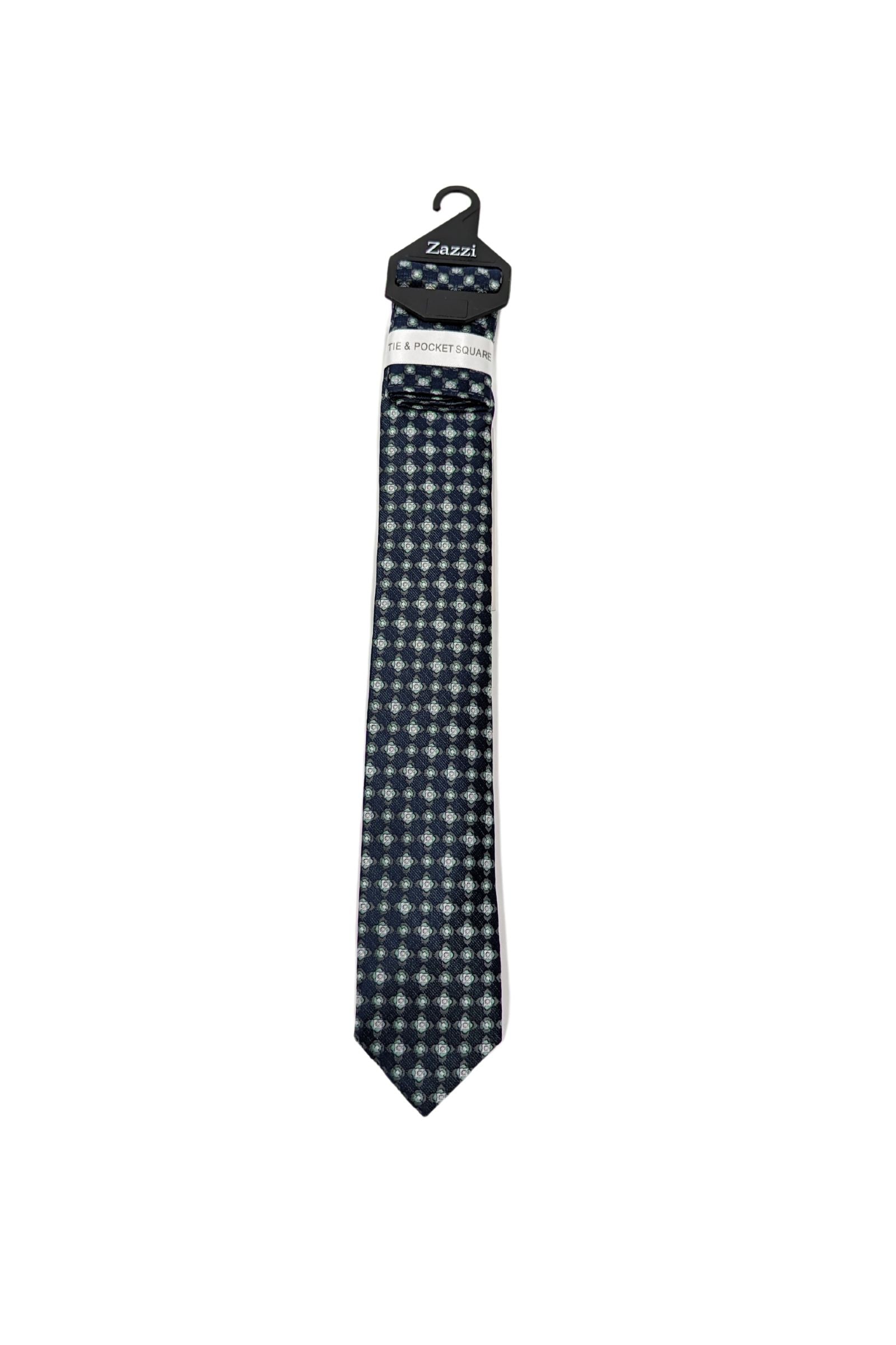 Zazzi Boyswear Mint/Navy Pattern Kid Boys Tie & Pocket Square Mint/Navy front view