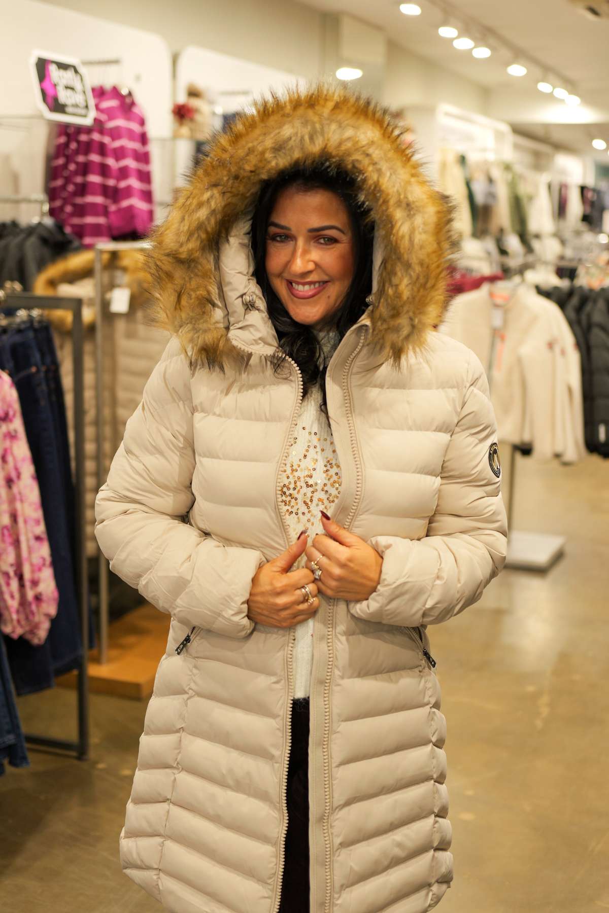 Superdry Ladies Fuji Faux Fur Hood Mid Length Puffer-Chateau Grey Chateau Grey model front view