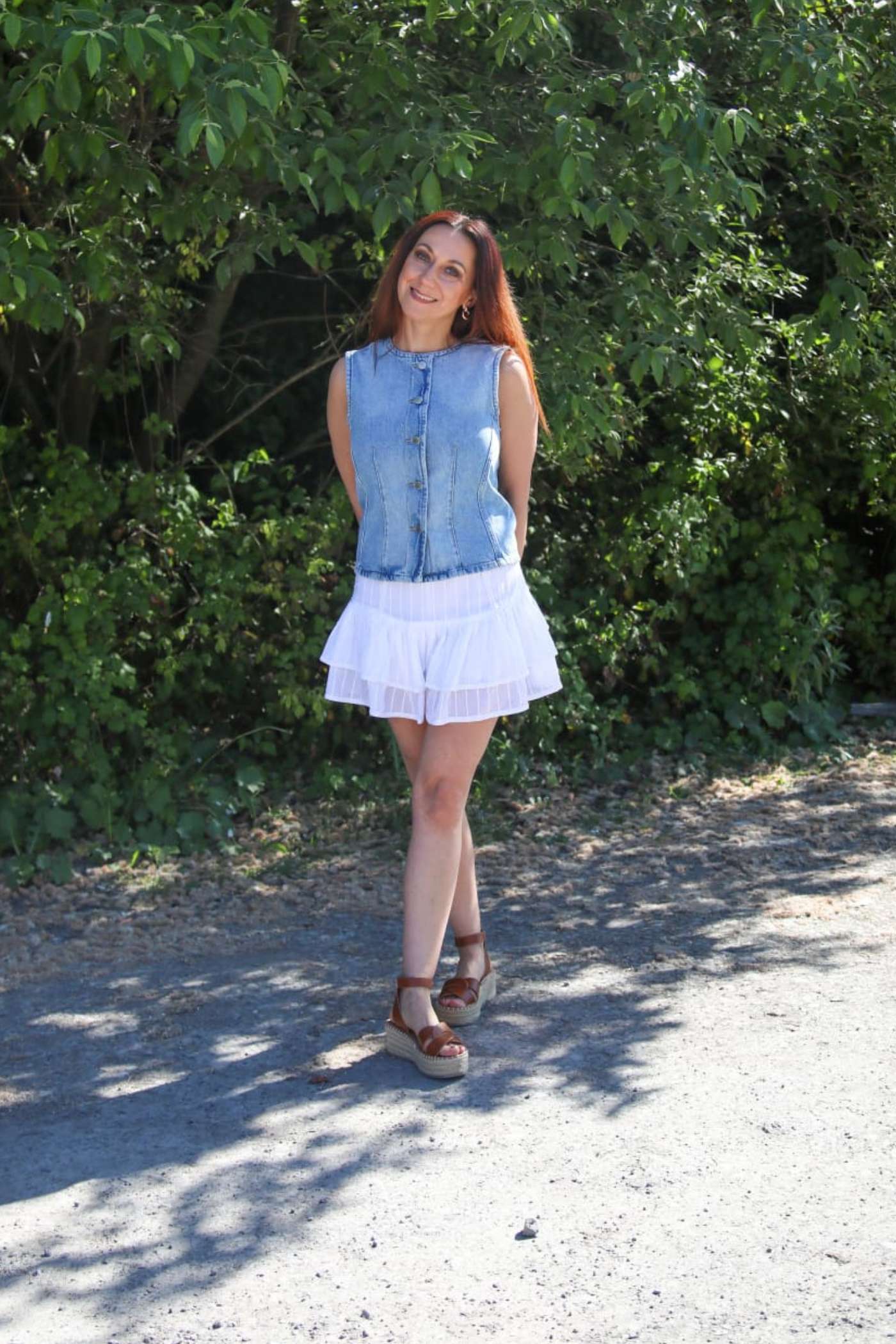 Ladies Aya Sleeveless Fitted Denim Vest-Light Blue Denim-Full Model View