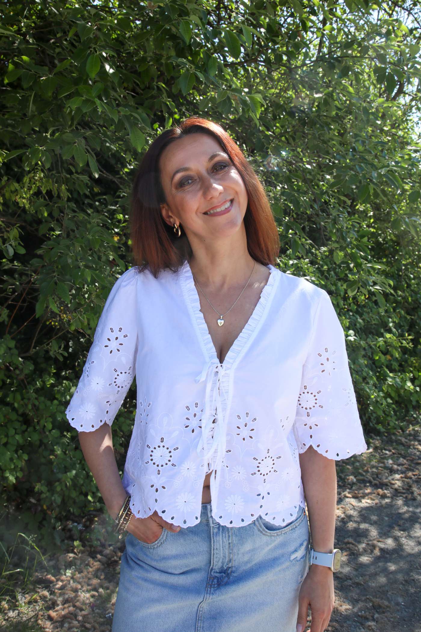 Ladies Miffy Short Sleeve Tie Top-Cloud Dancer-Close Up View of Front