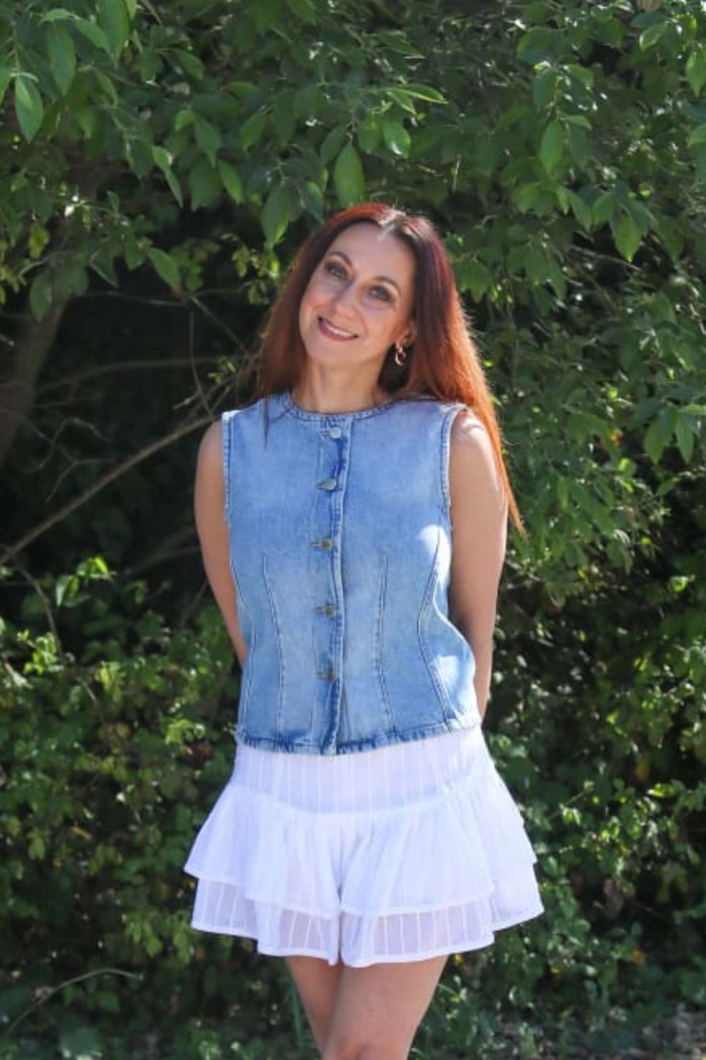 Ladies Aya Sleeveless Fitted Denim Vest-Light Blue Denim-Close Up View