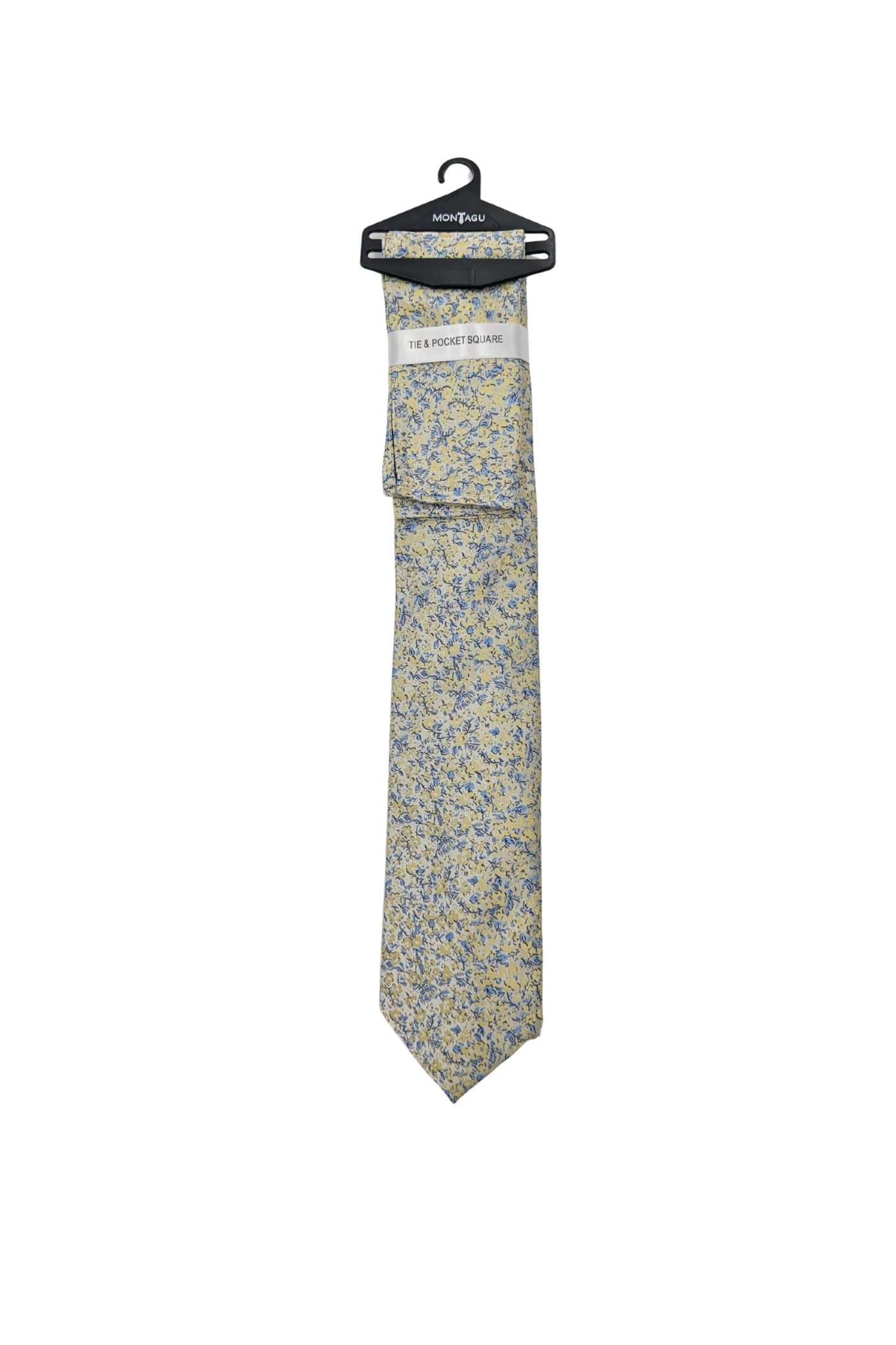 Zazzi Floral Tie & Pocket Square - Lemon/Blue Lemon/Blue front view